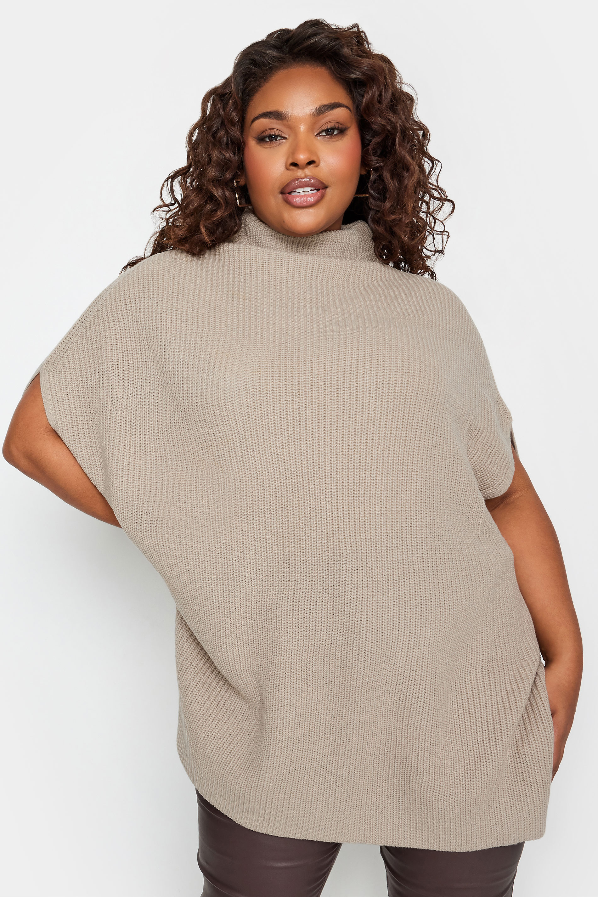 YOURS Plus Size Stone Brown High Neck Knitted Vest Top | Yours Clothing 2