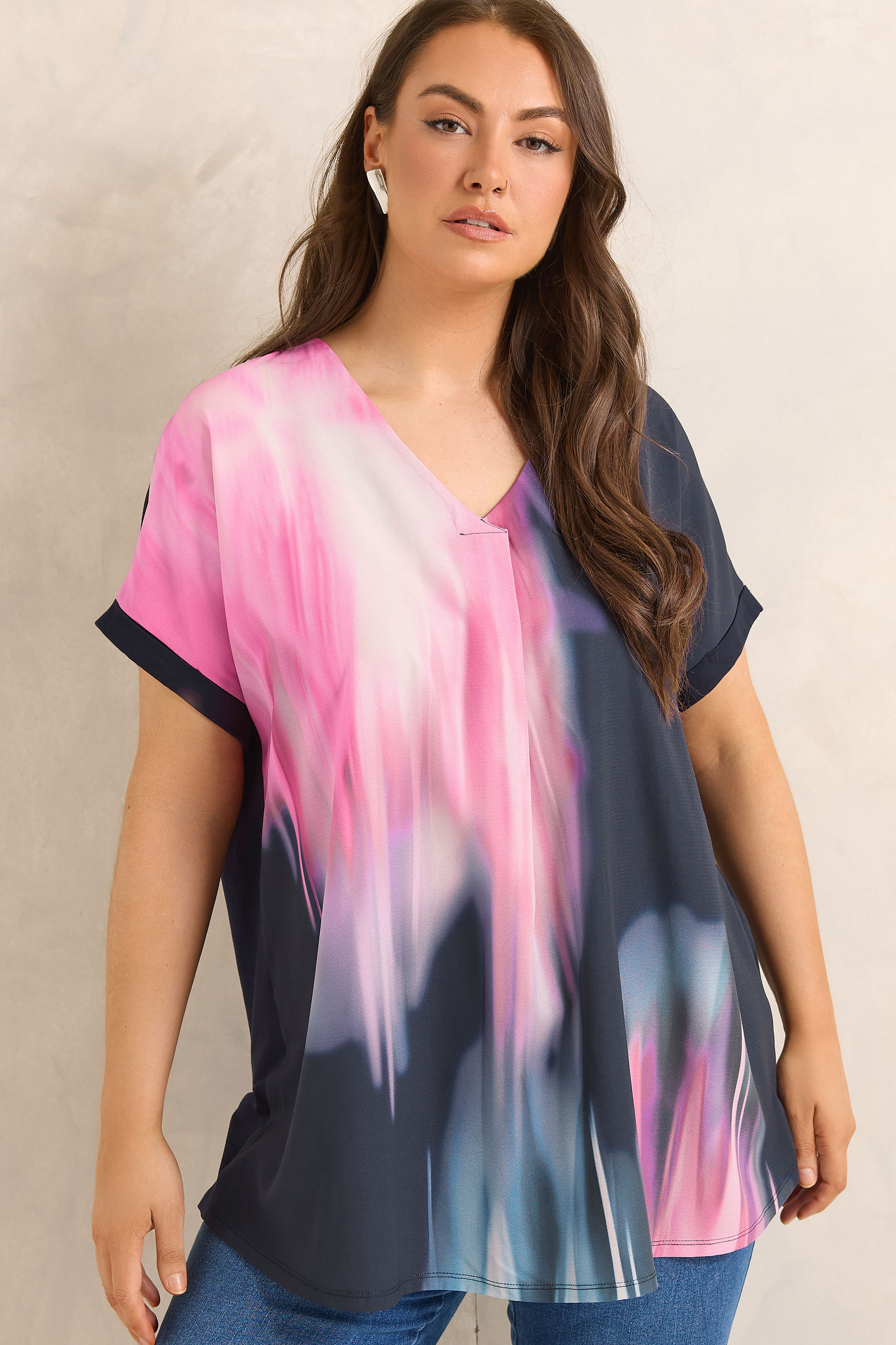 EVANS Plus Size Navy Blue & Pink Blurred Top 3