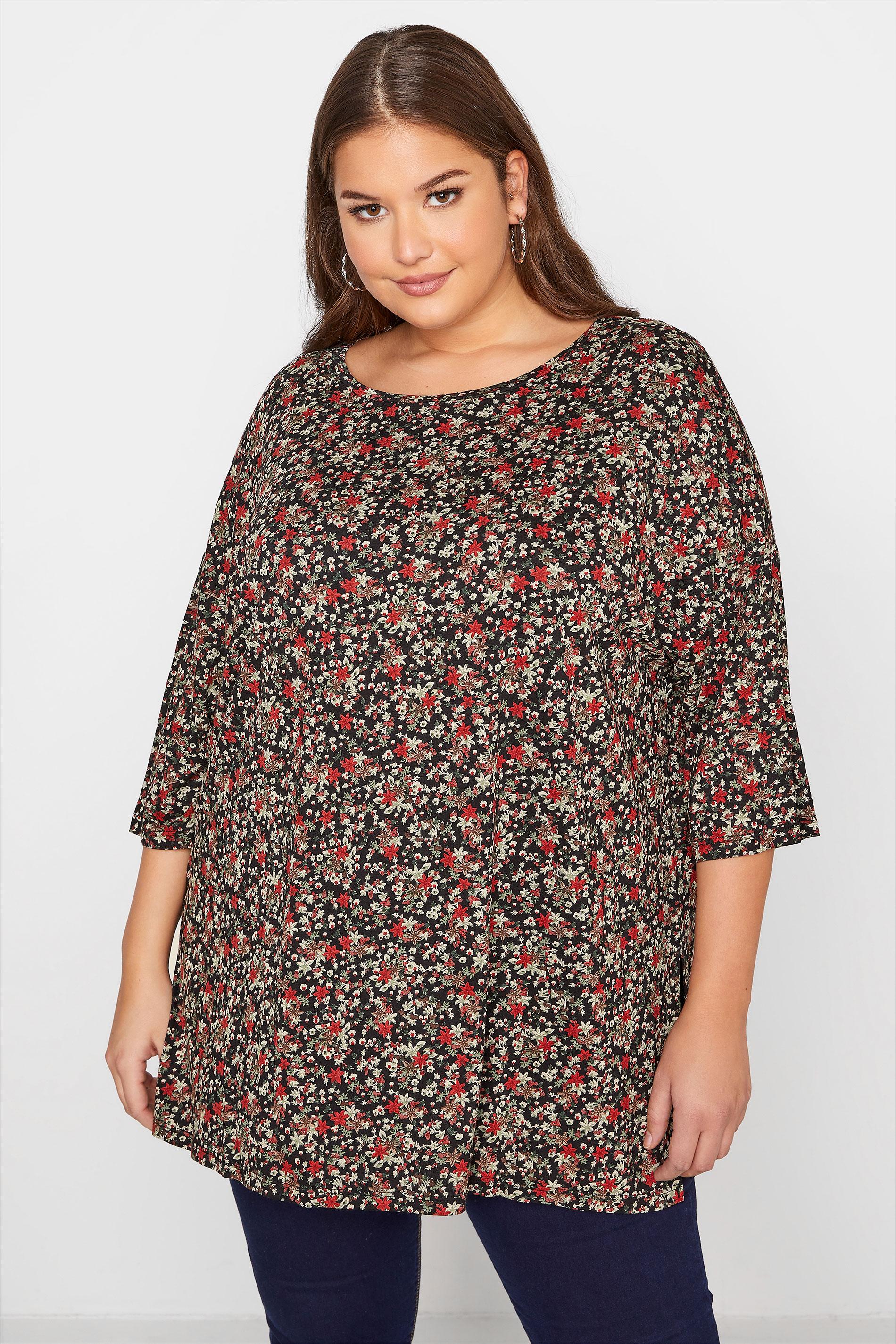 Plus Size Black Ditsy Floral T-Shirt | Yours Clothing 1