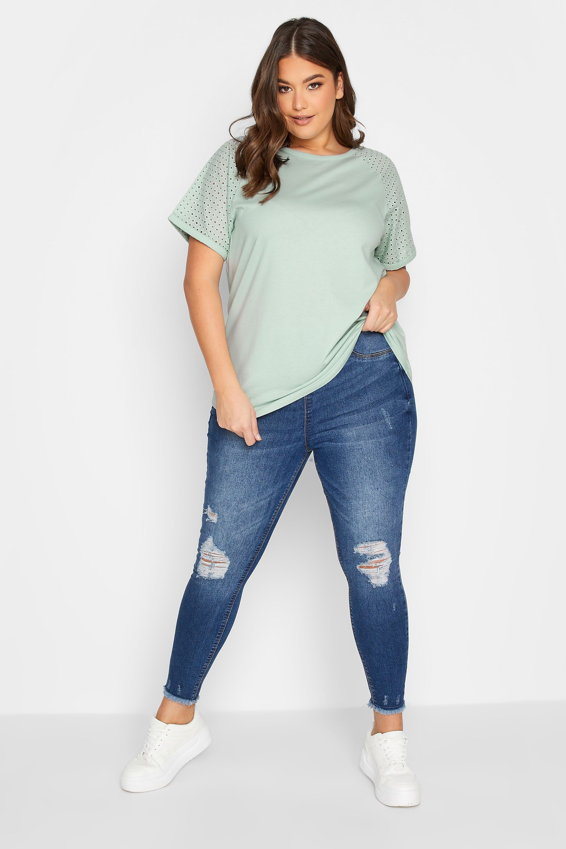 YOURS Plus Size Mint Green Broderie Anglaise Raglan T-Shirt | Yours Clothing 2