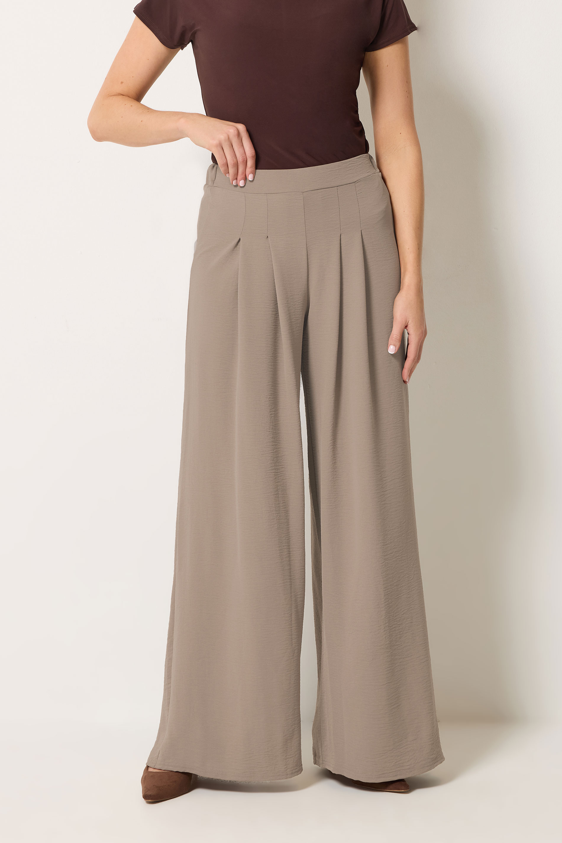LTS Tall Women's Mocha Brown Pleated Palazzo Wide Leg Trousers | Long Tall Sally 1