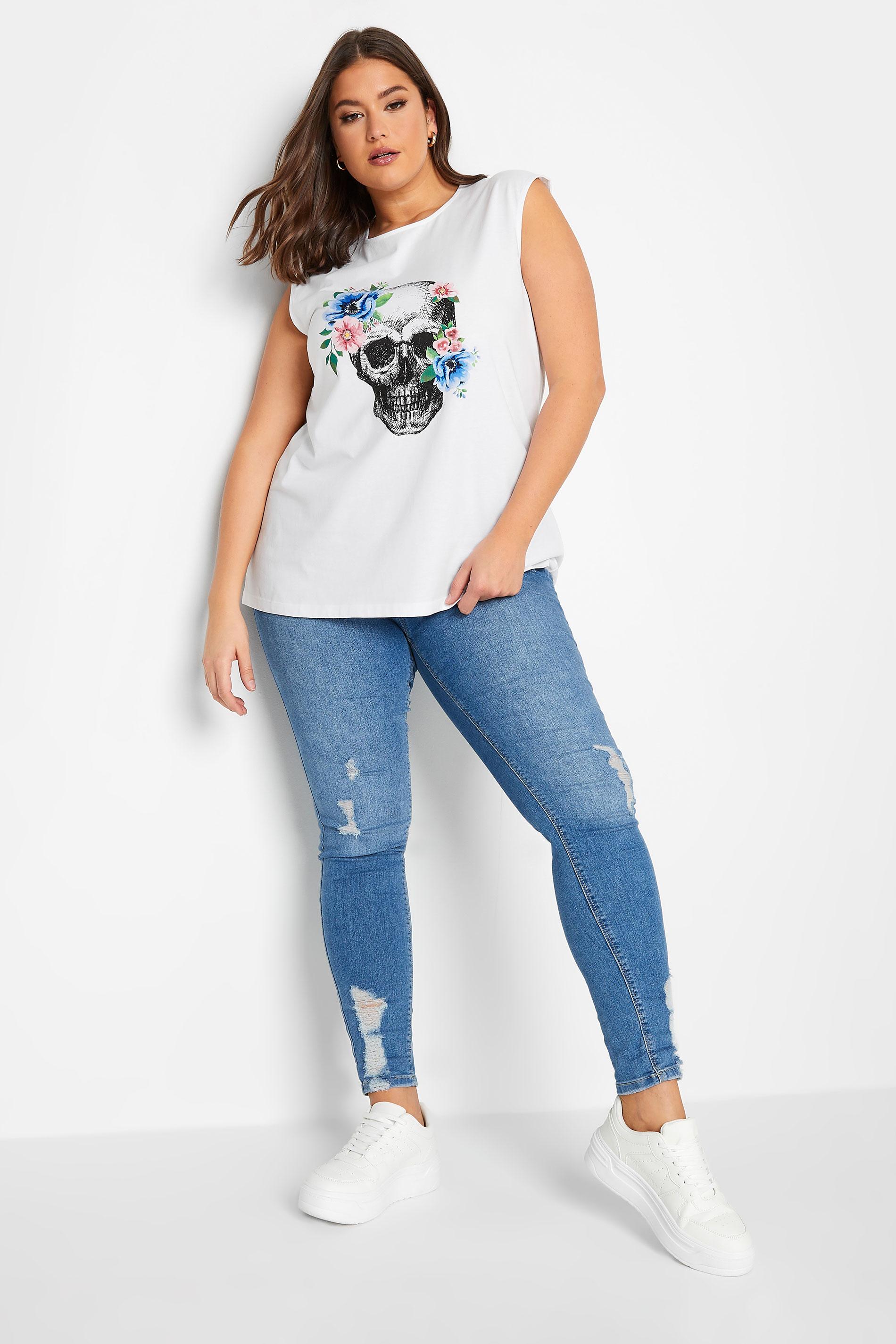 YOURS Plus Size White Floral Skull Print Vest Top | Yours Clothing 2