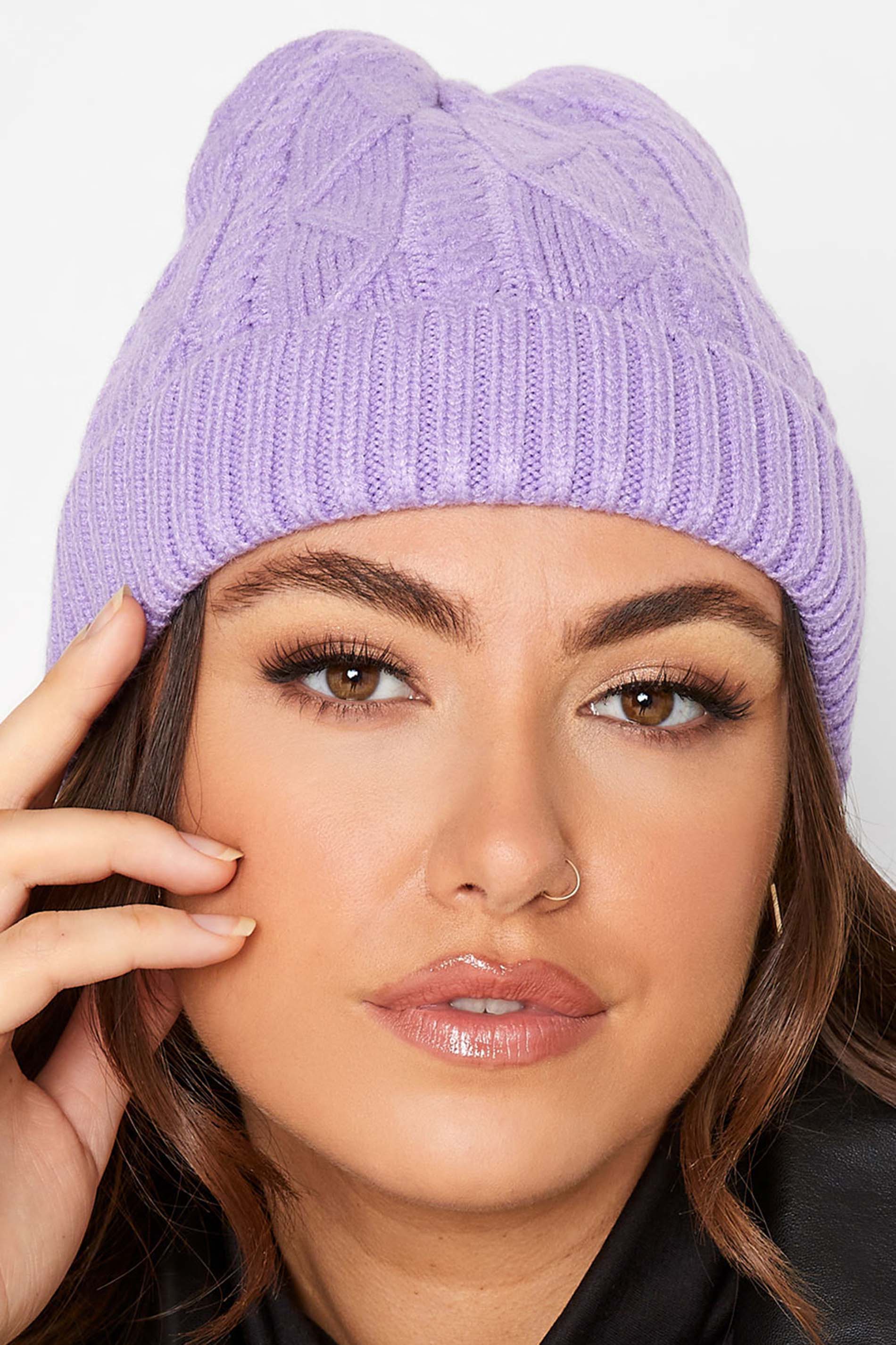 Plus Size Purple Knitted Soft Touch Beanie Hat | Yours Clothing 1