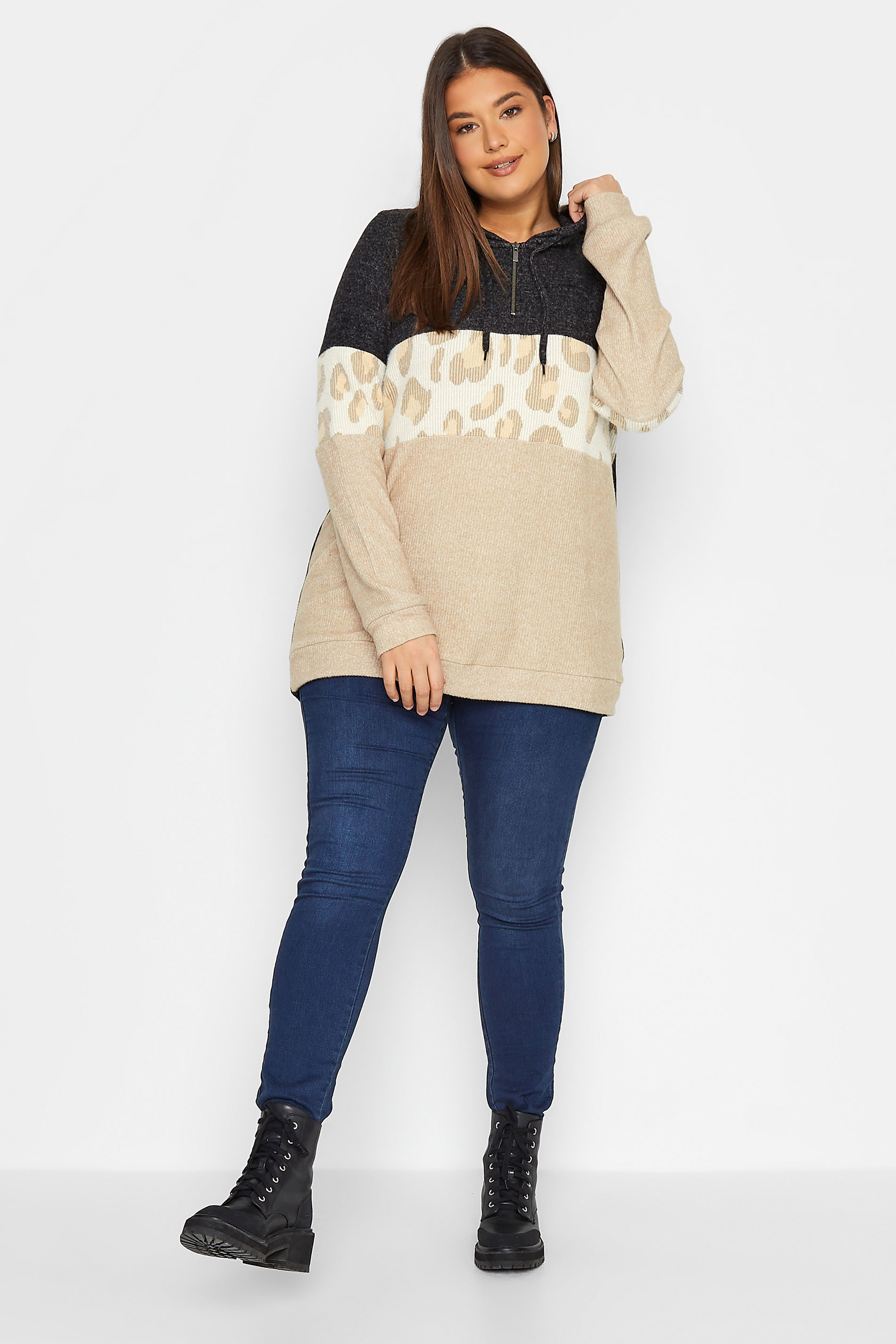 Tall Women's LTS Grey & Cream Colourblock Quarter Zip Knitted Hoodie | Long Tall Sally 2