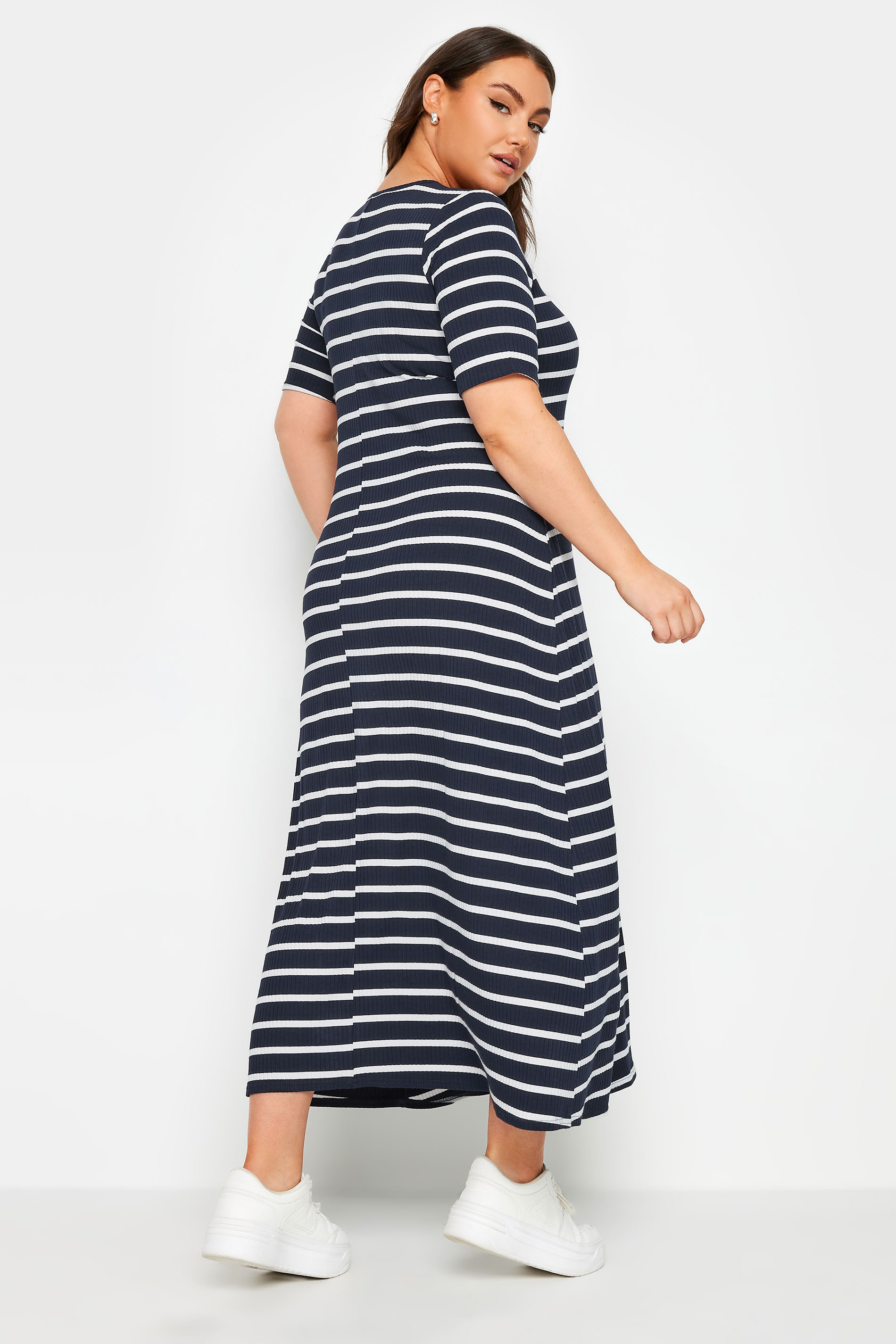 YOURS Plus Size Navy Blue & White Striped Ribbed Swing Maxi Dress | Yours Clothing 3