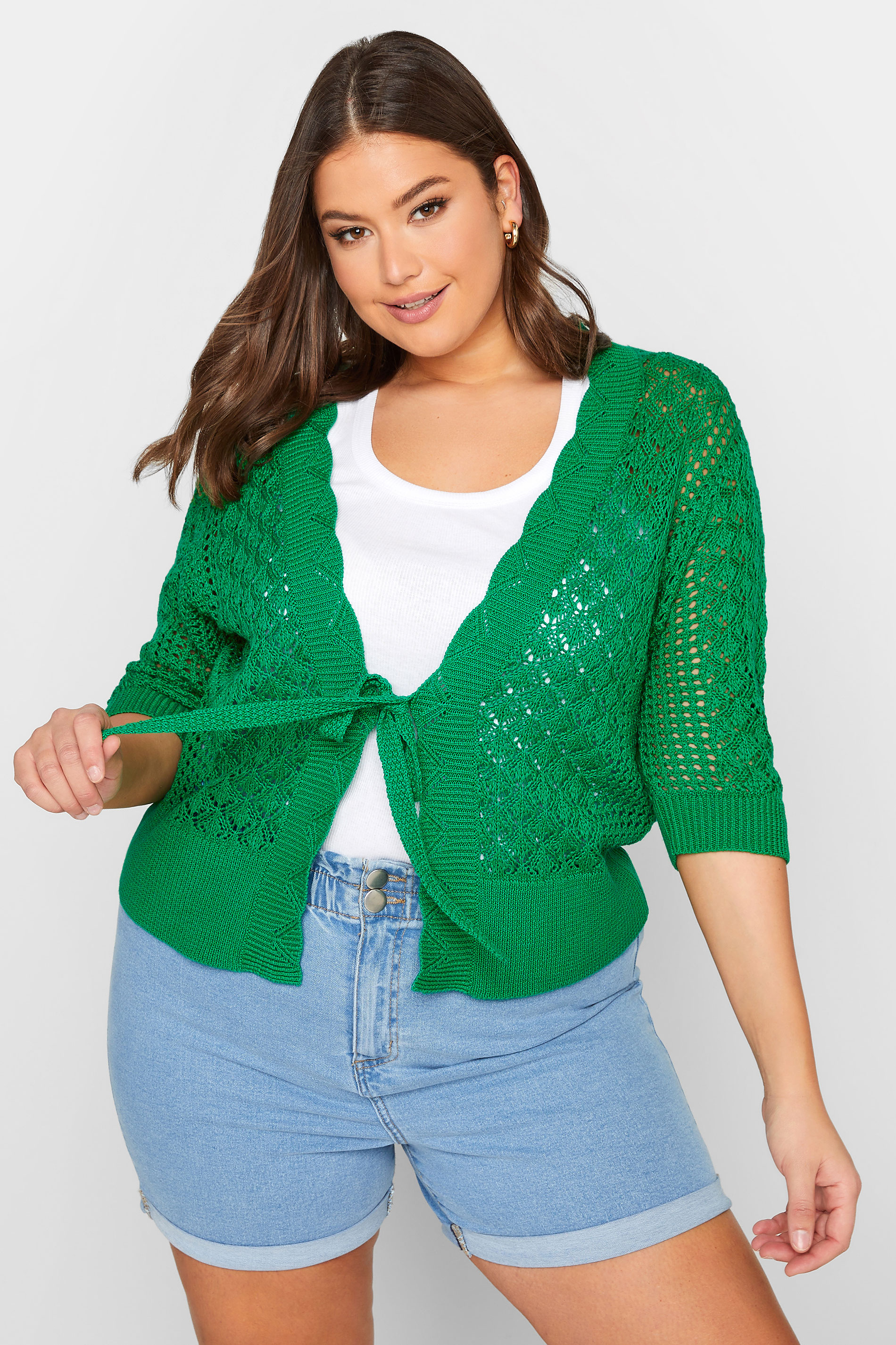 YOURS Plus Size Green Pointelle Tie Up Shrug | Yours Clothing 2