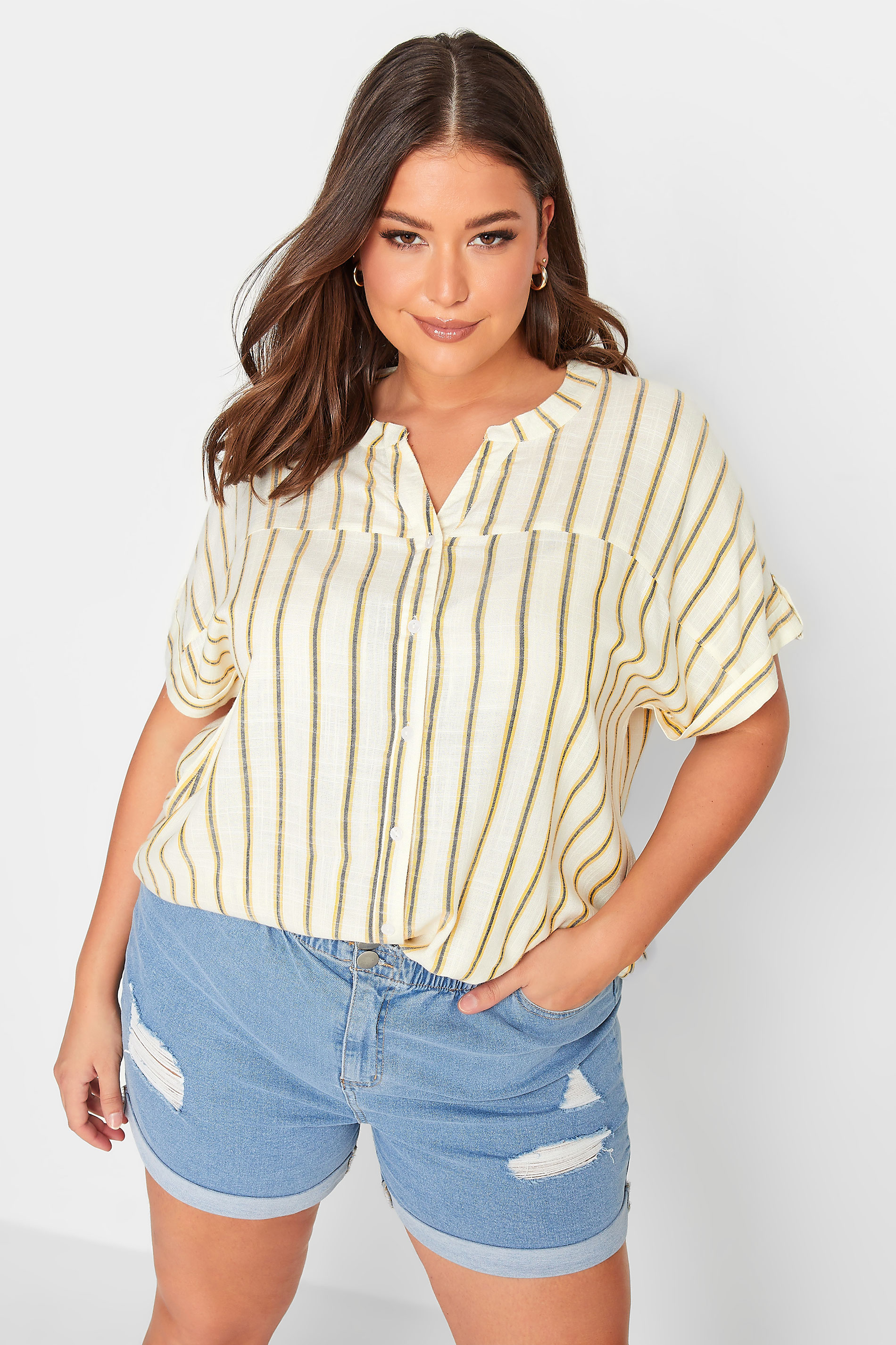 YOURS Plus Size Ivory White Stripe Print Button Through Shirt | Yours Clothing 1