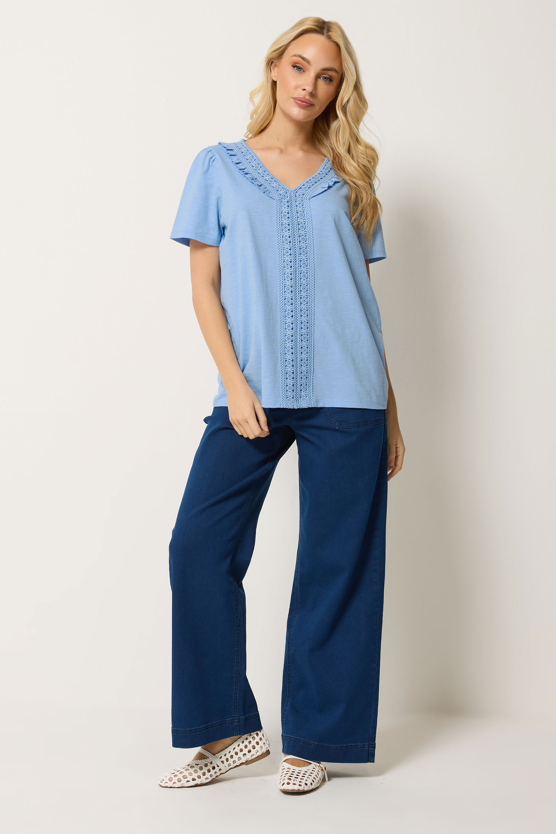 M&Co Blue Short Sleeve Frill Cotton Blouse | M&Co 2