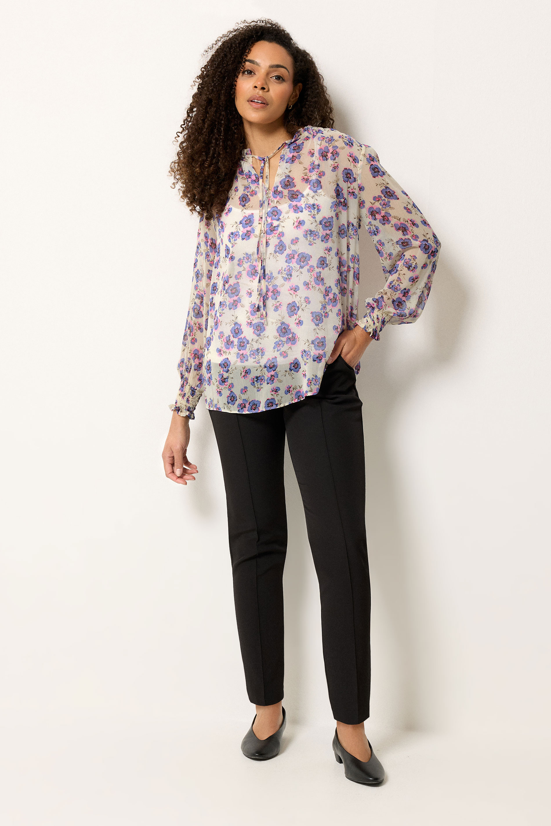 M&Co Purple Floral Print Tie Neck Blouse | M&Co 1