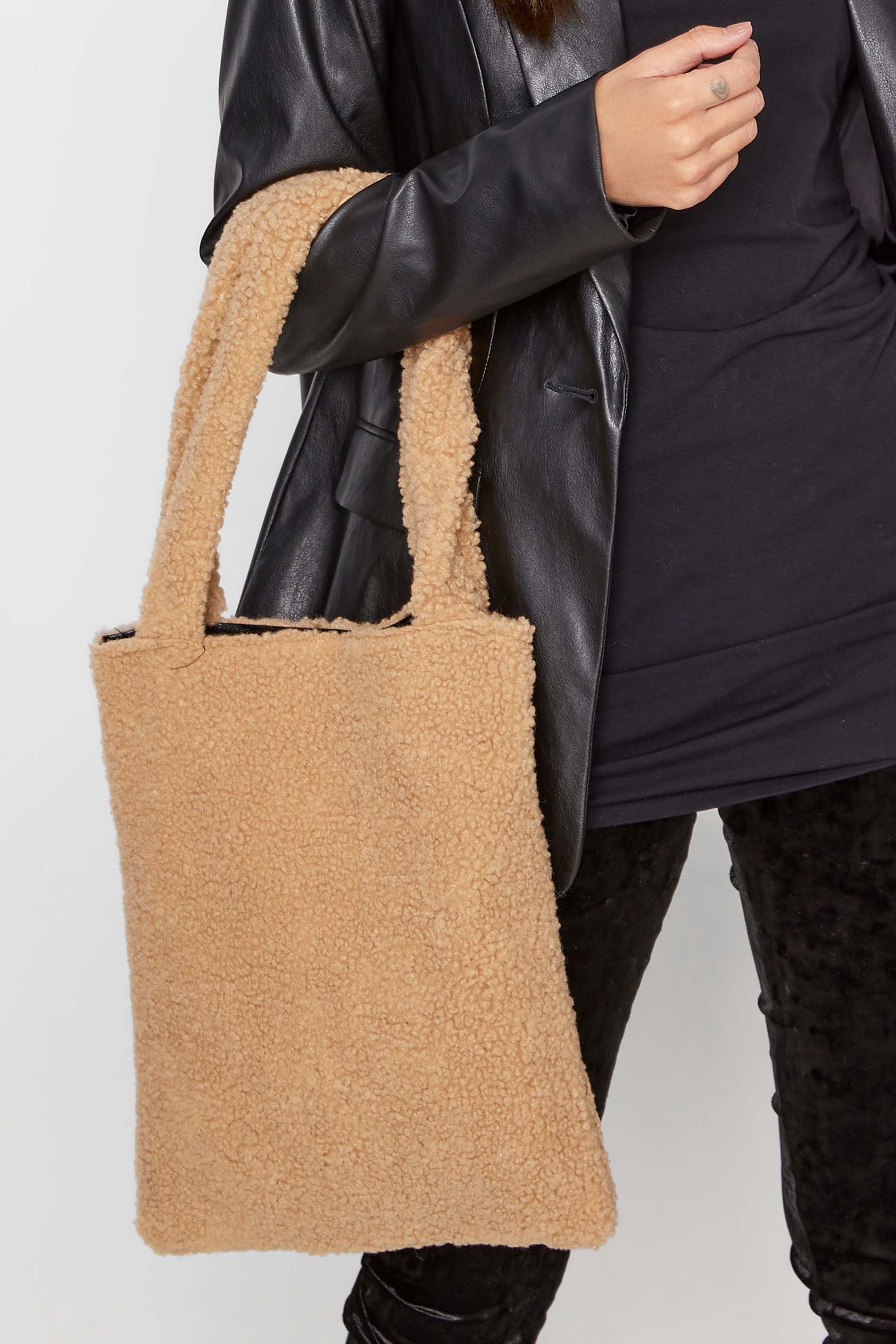 Beige Brown Shearling Teddy Tote Bag | Yours Clothing 1