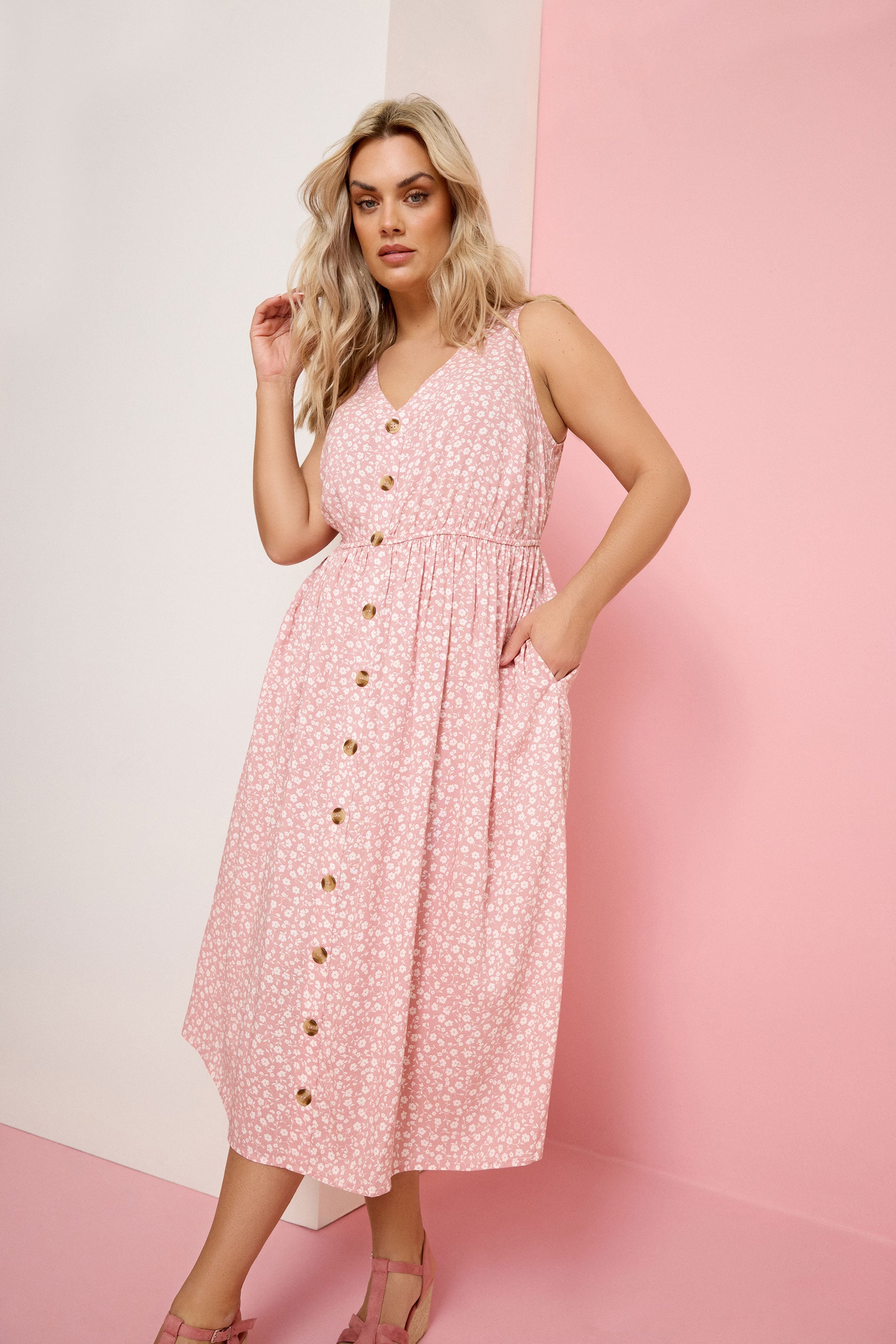 YOURS Plus Size Pink Ditsy Floral Sundress | Yours Clothing 2