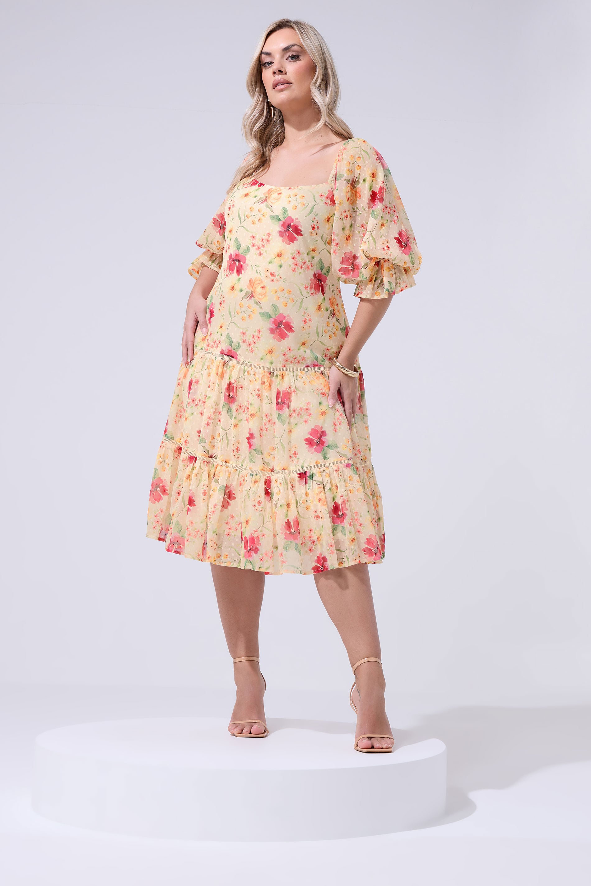 YOURS LONDON Plus Size Nude Floral Midi Dress | Yours Clothing 1