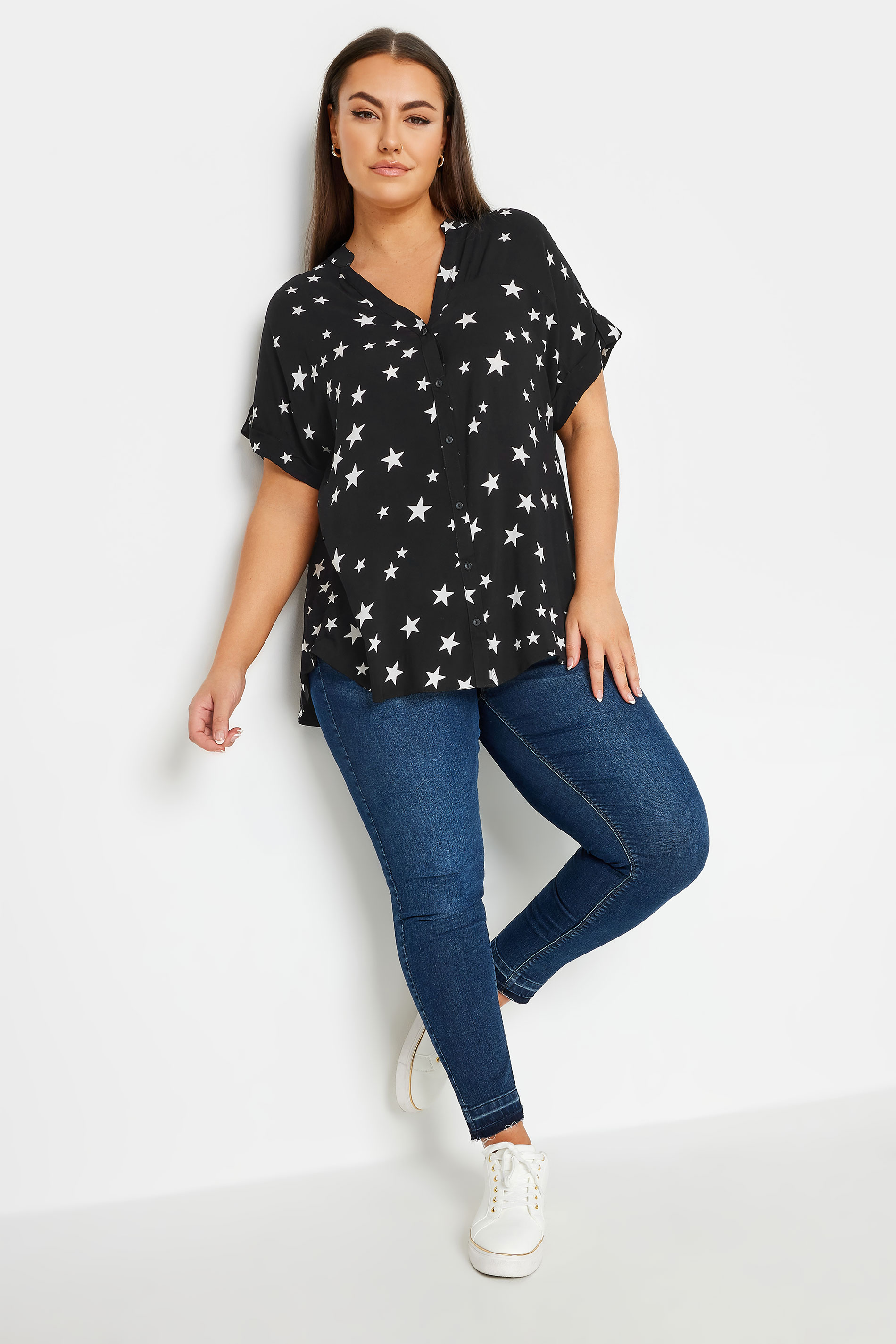 YOURS Plus Size Black Star Print Button Through Shirt | Yours Clothing 2