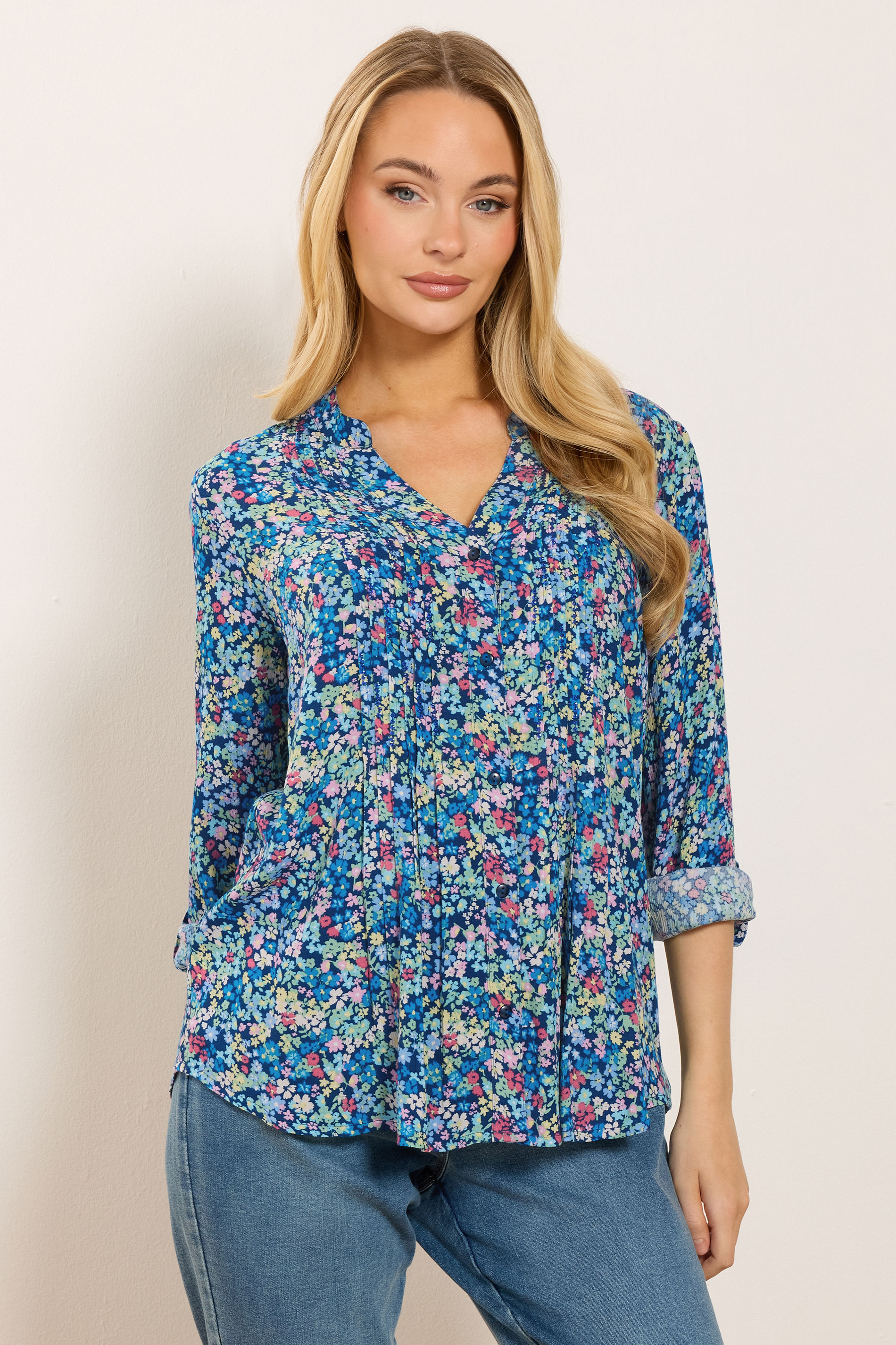 M&Co Blue Ditsy Floral Pintuck Blouse | M&Co 3