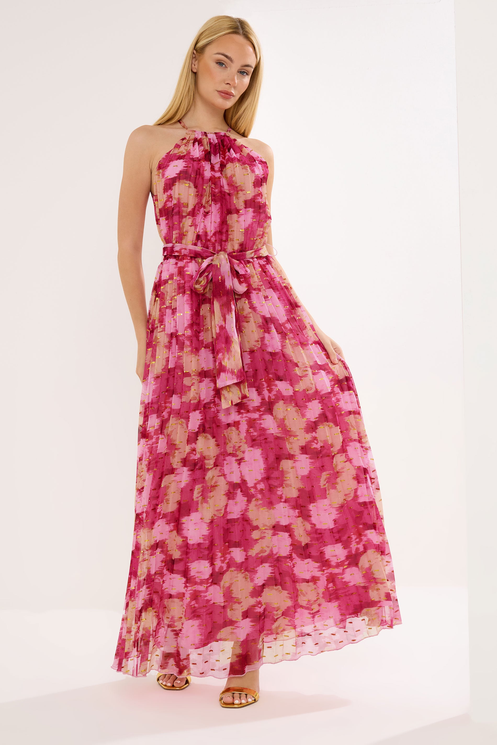 STAR Pink Blurred Abstract Metallic Pleated Dress | StarByJM 3