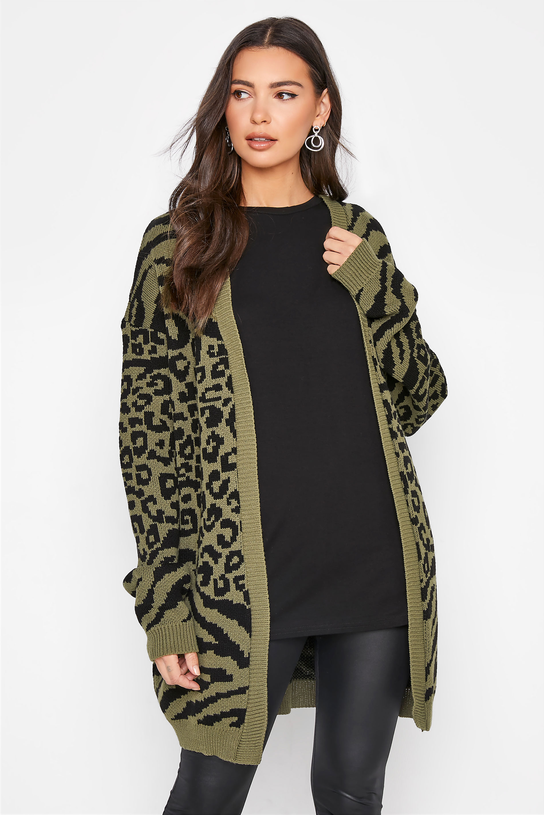 LTS Tall Khaki Green Animal Print Knitted Cardigan 1