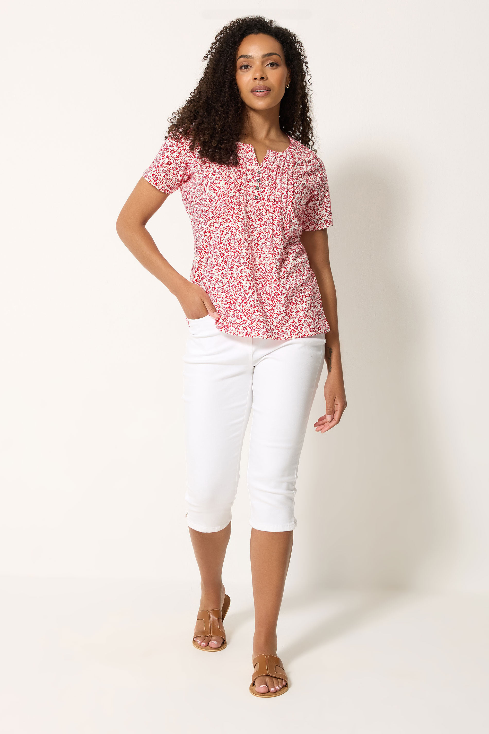 M&Co Red Floral Cotton Henley Top | M&Co 1