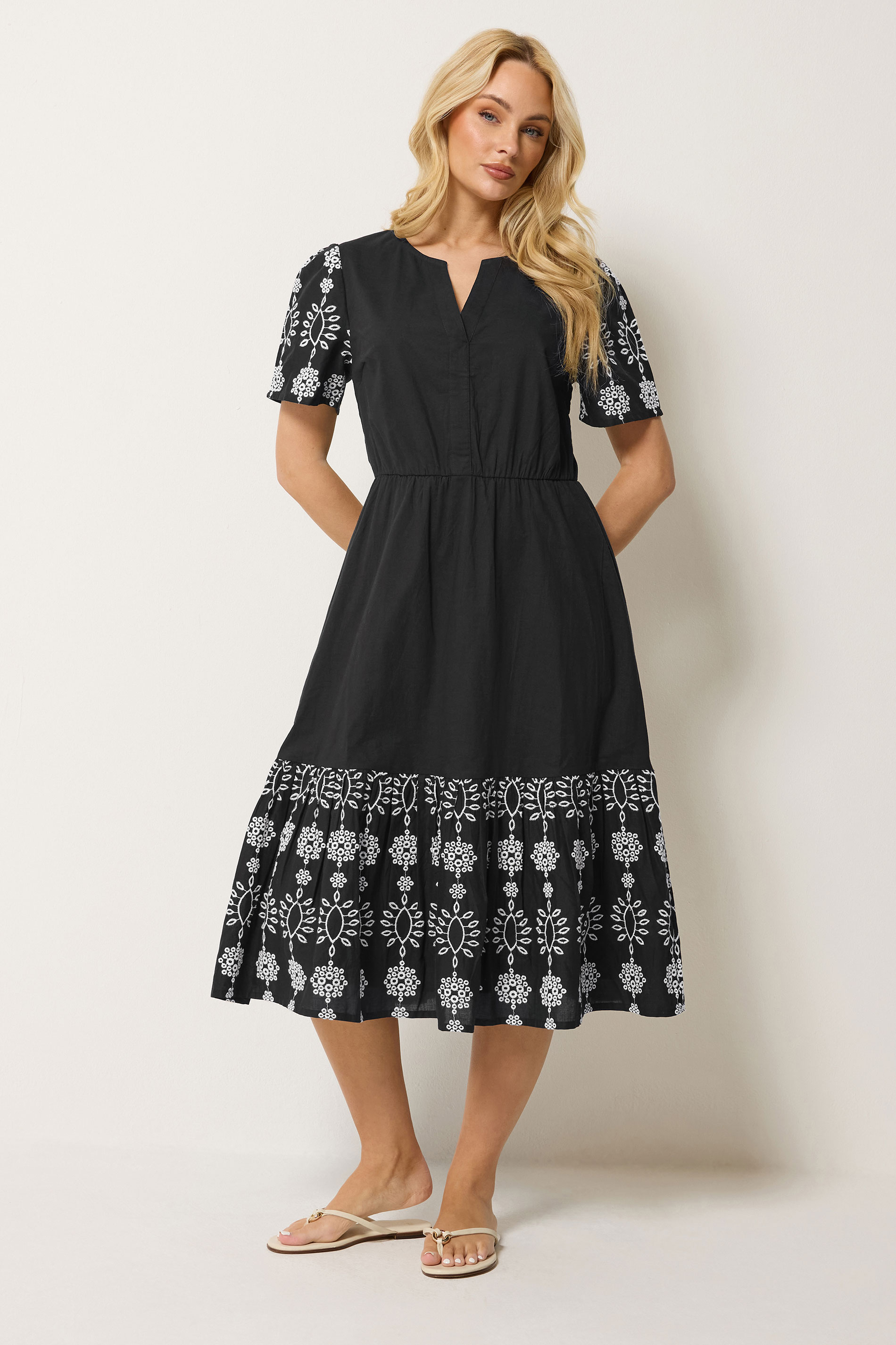 M&Co Black Notch Neck Cotton Embroidered Dress | M&Co 3
