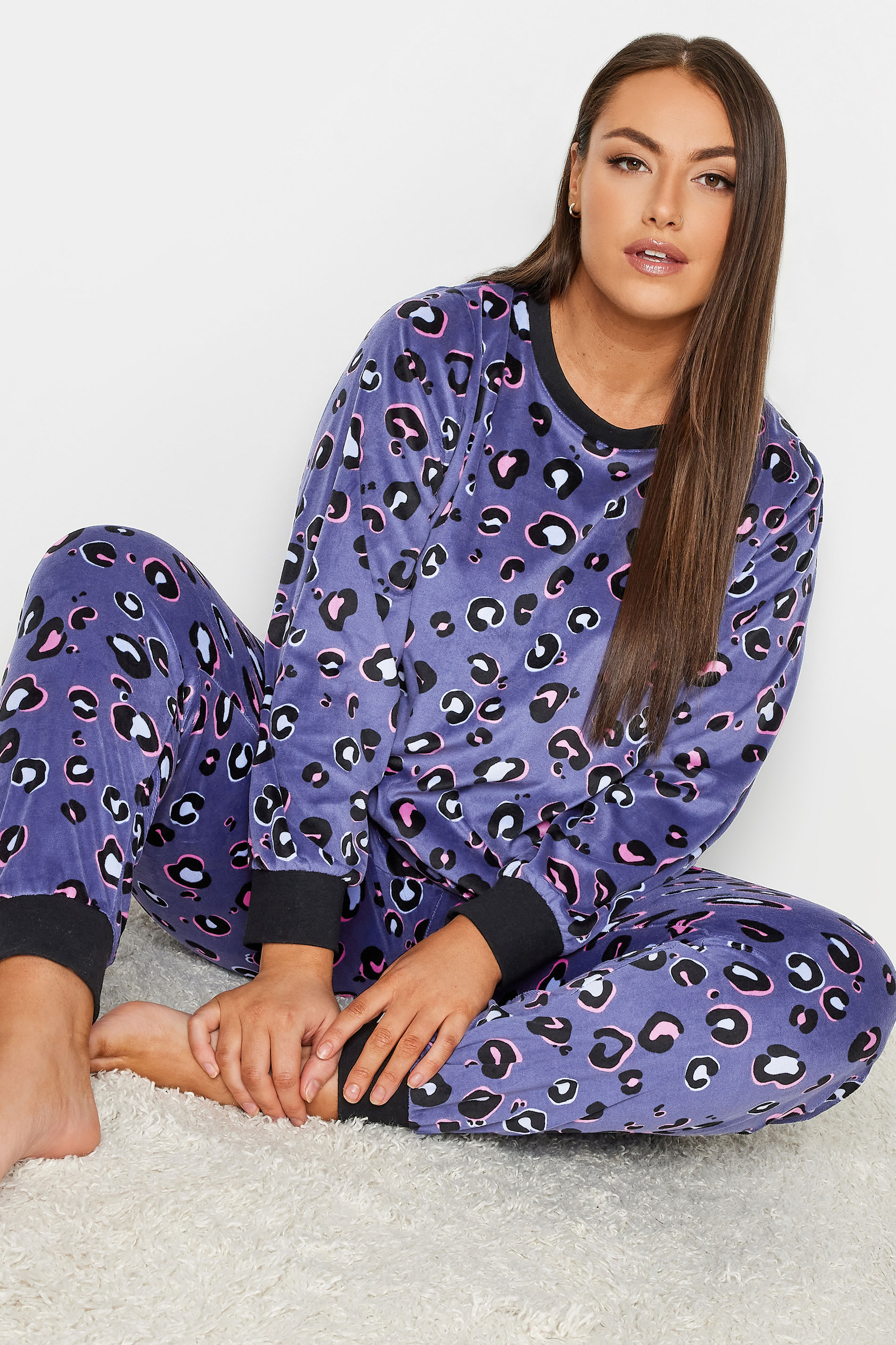 YOURS Plus Size Blue Animal Print Velour Lounge Set | Yours Clothing 1