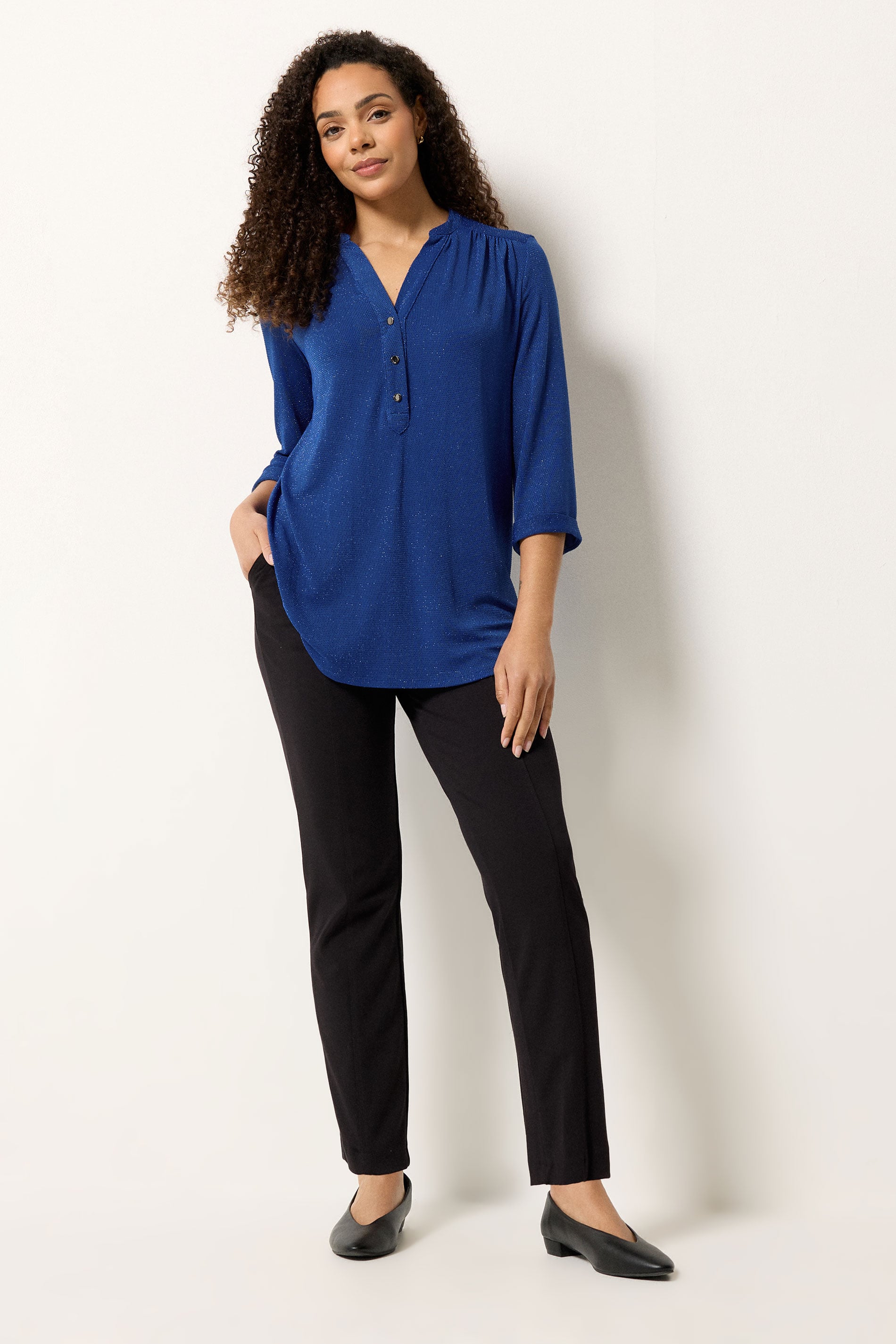 M&Co Blue Shimmer Half Placket Blouse | M&Co 1