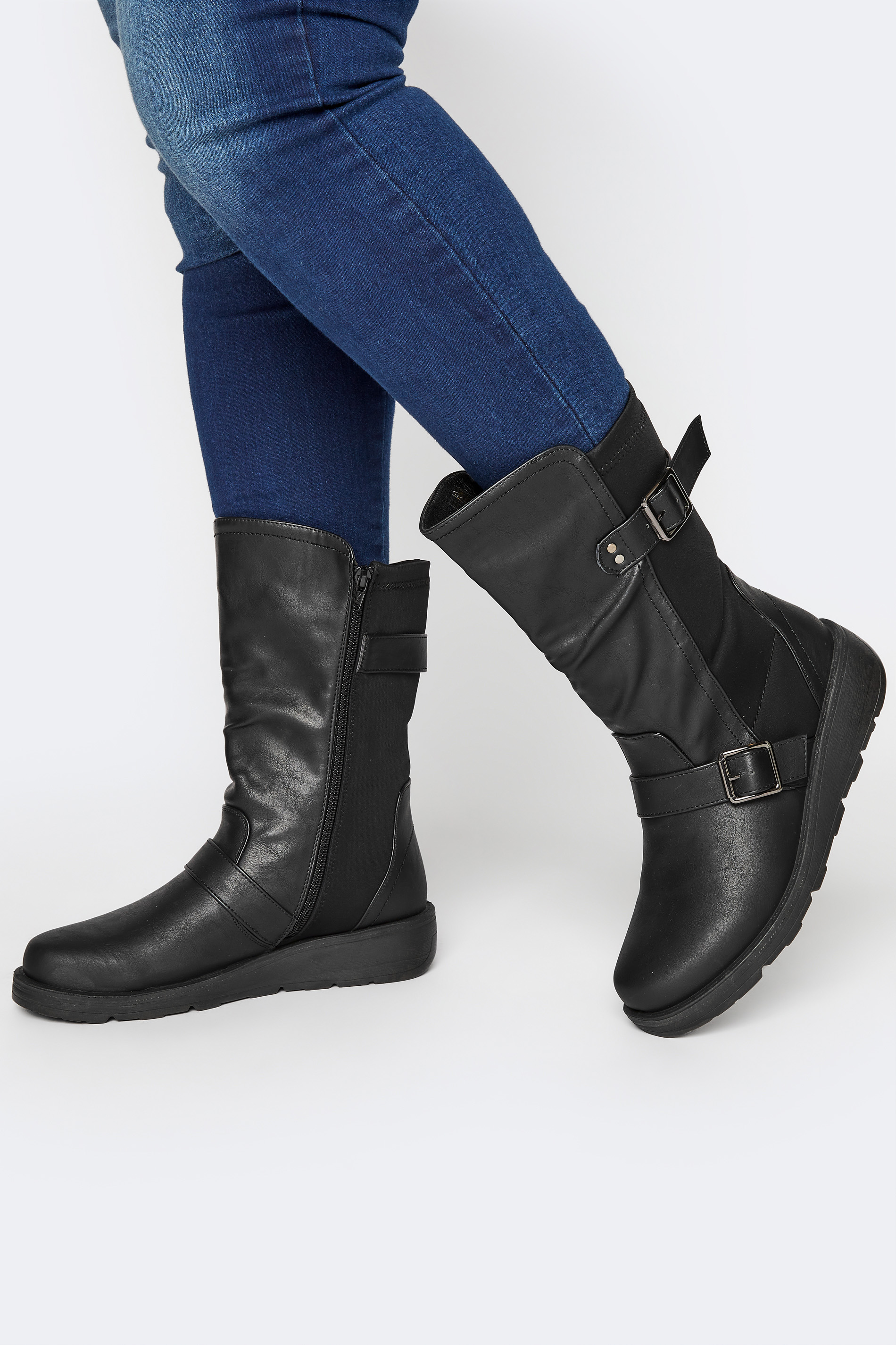 Black Faux Leather Wedge Buckle Boots In Extra Wide Fit