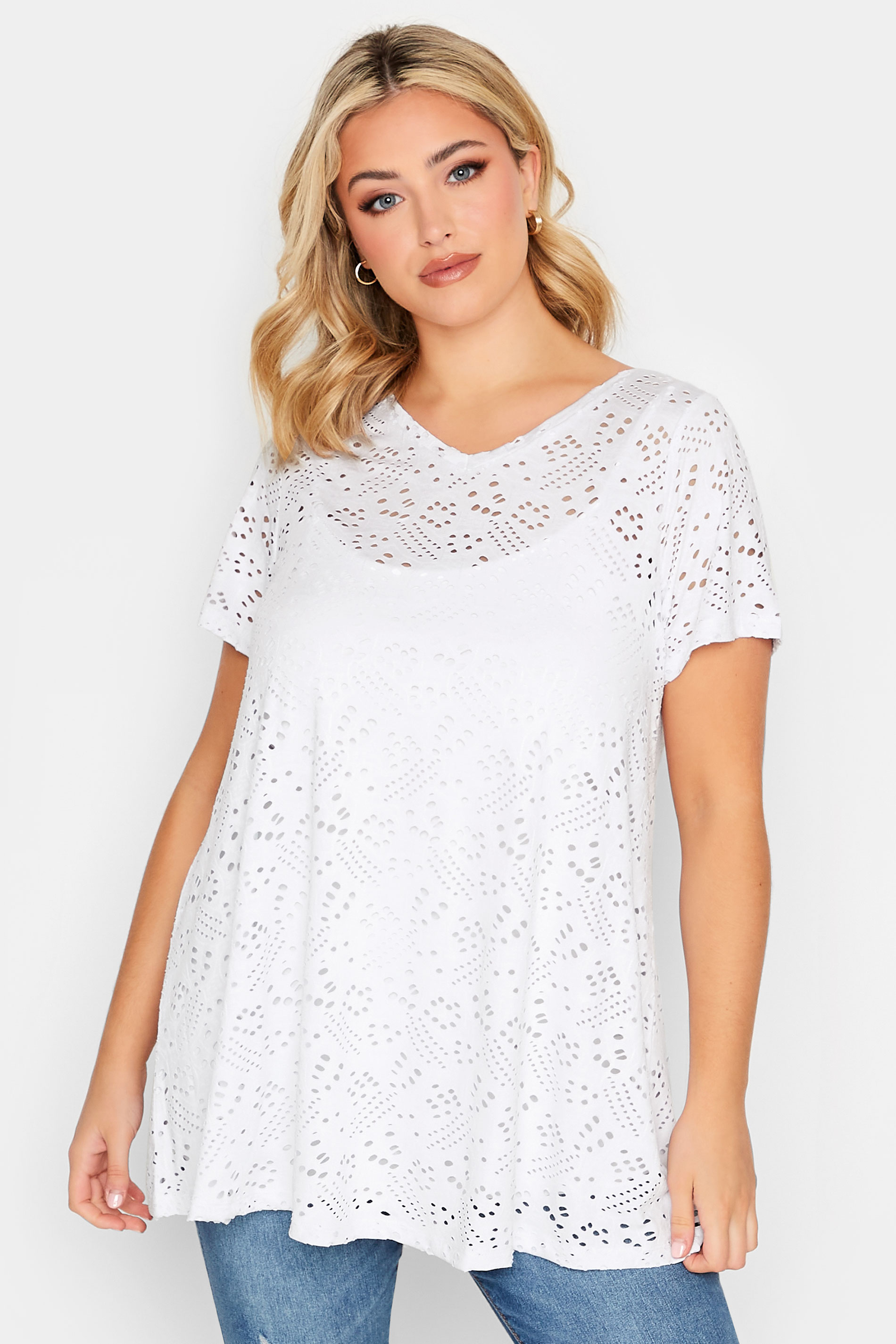 YOURS Curve Plus Size White Broderie Anglaise Swing T-Shirt | Yours Clothing 1