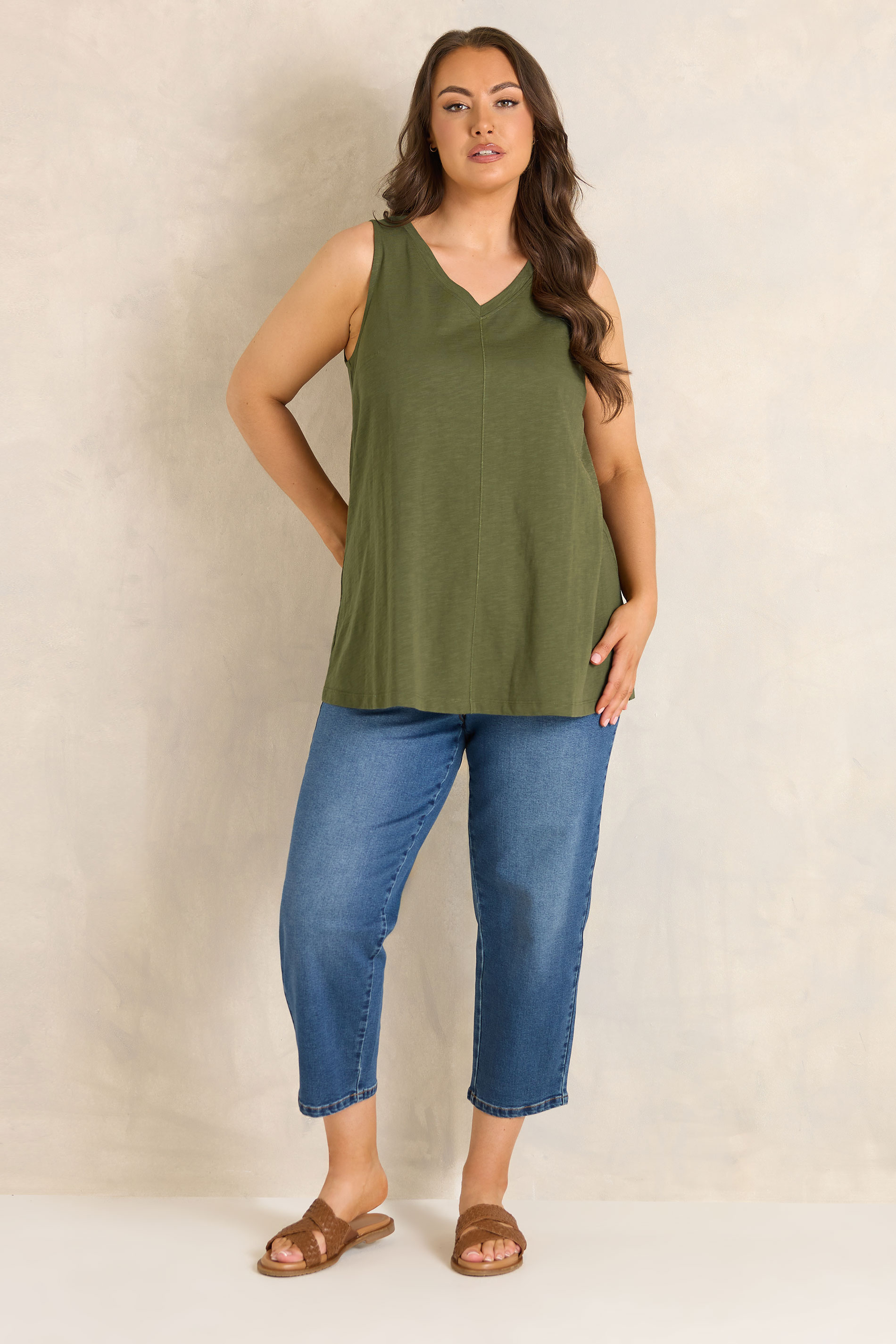EVANS Plus Size Khaki Green Premium Cotton Vest Top | Evans 2
