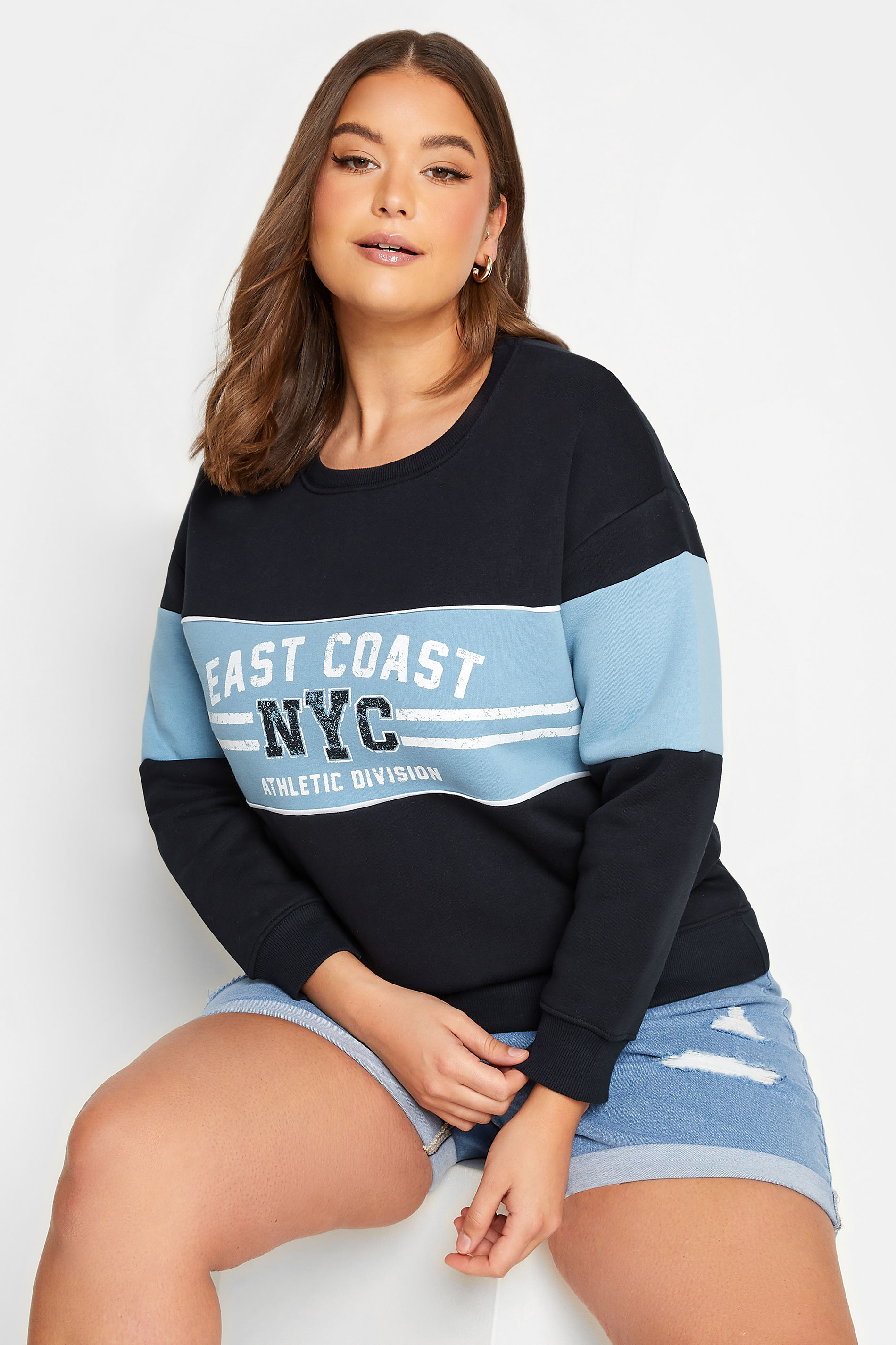 YOURS Curve Navy Blue 'NYC' Slogan Colour Block Sweatshirt | Yours Clothing  1