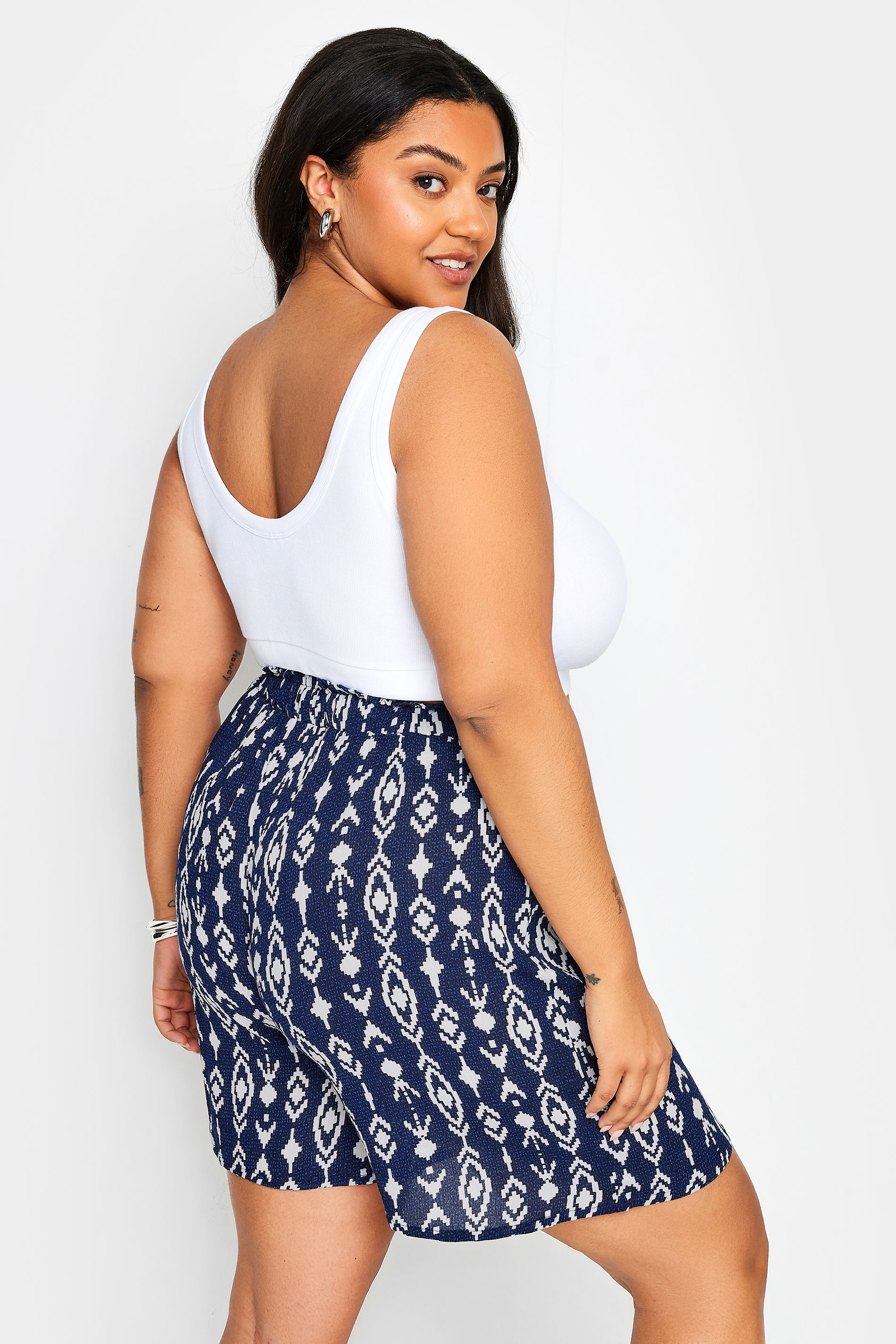 YOURS Plus Size Navy Blue Ikat Print Crinkle Tassel Shorts | Yours Clothing 3