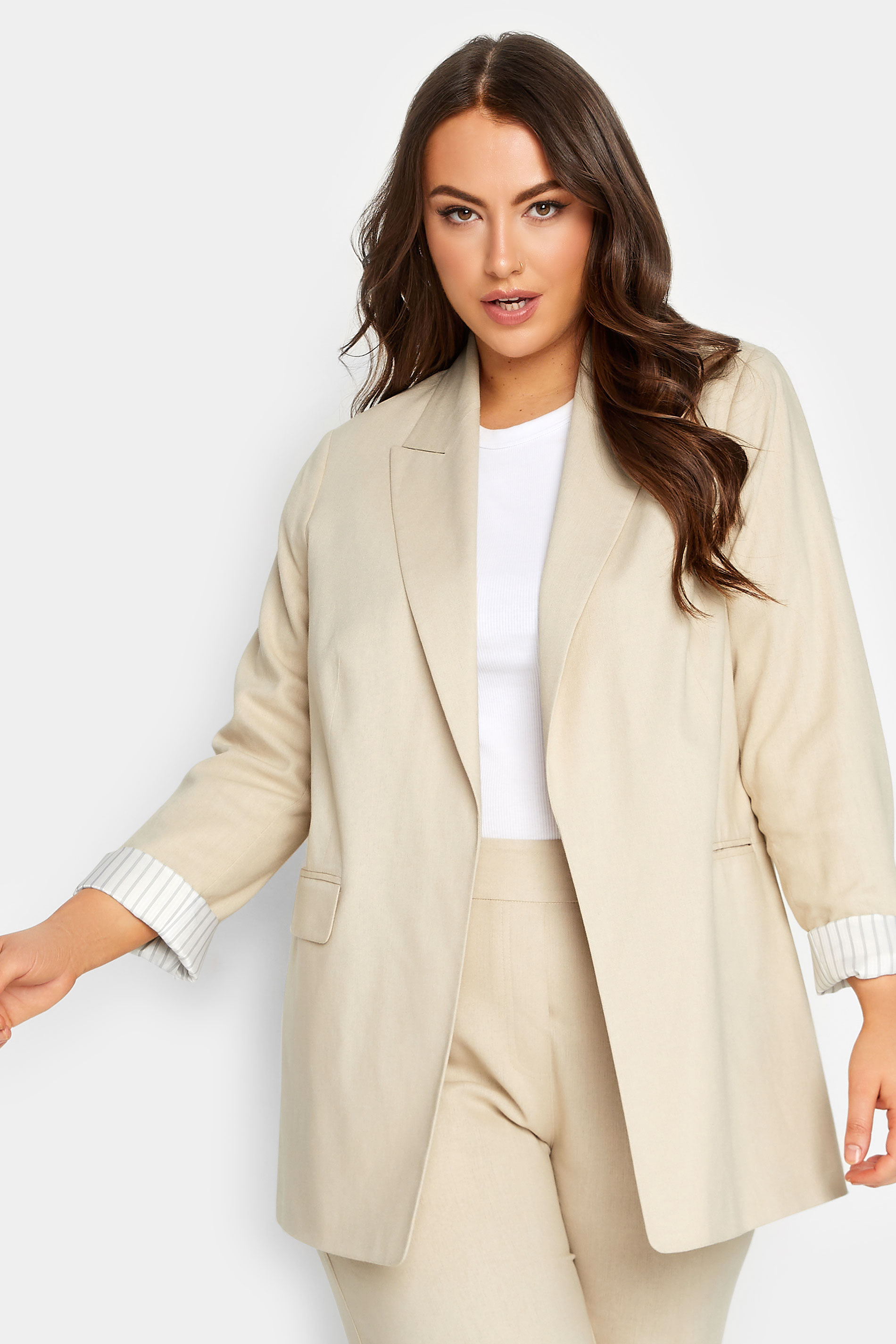 YOURS Plus Size Beige Brown Linen Tailored Blazer | Yours Clothing 1