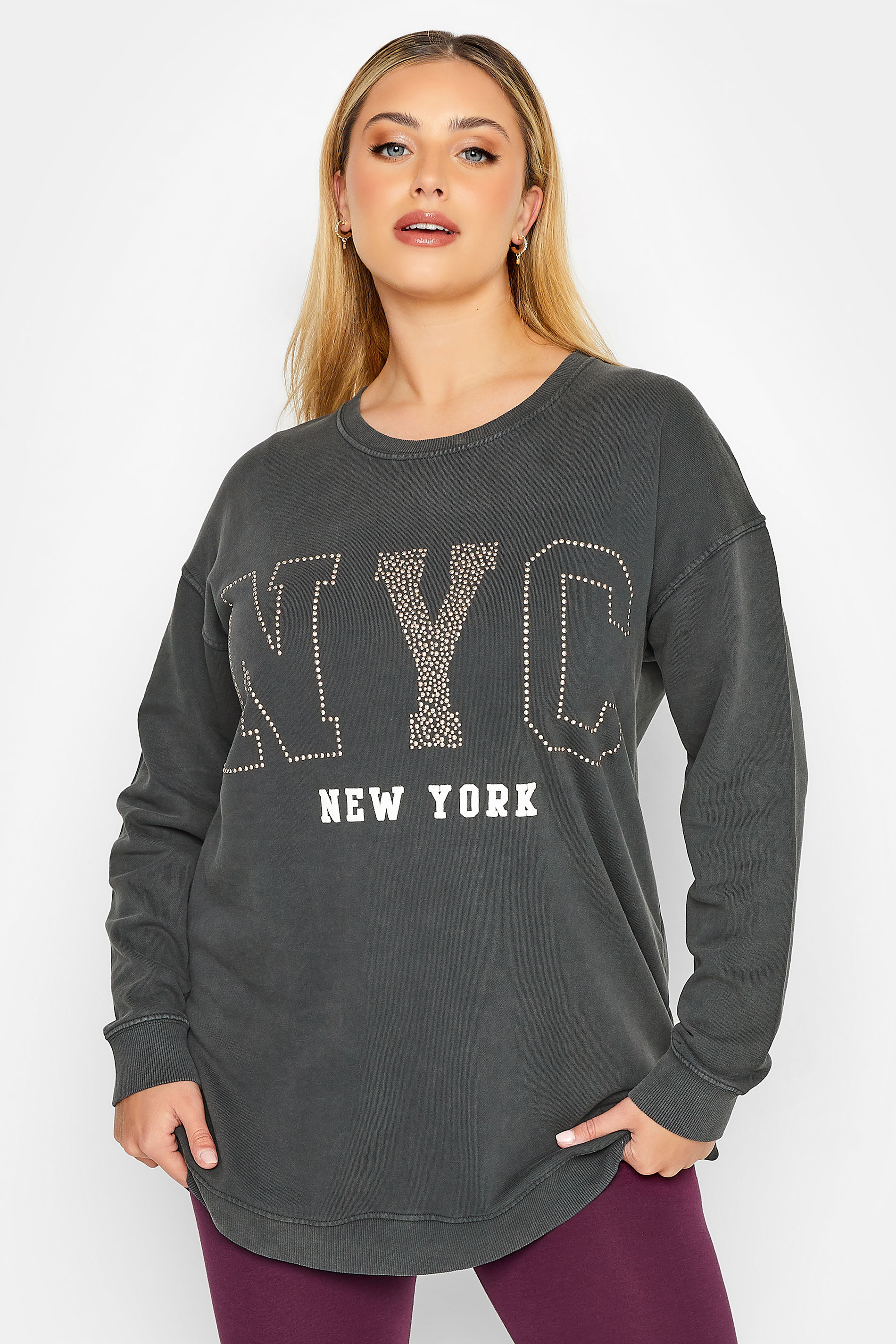 YOURS LUXURY Plus Size Grey Acid Wash 'NYC' Stud Embellished Sweatshirt | Yours Clothing 1