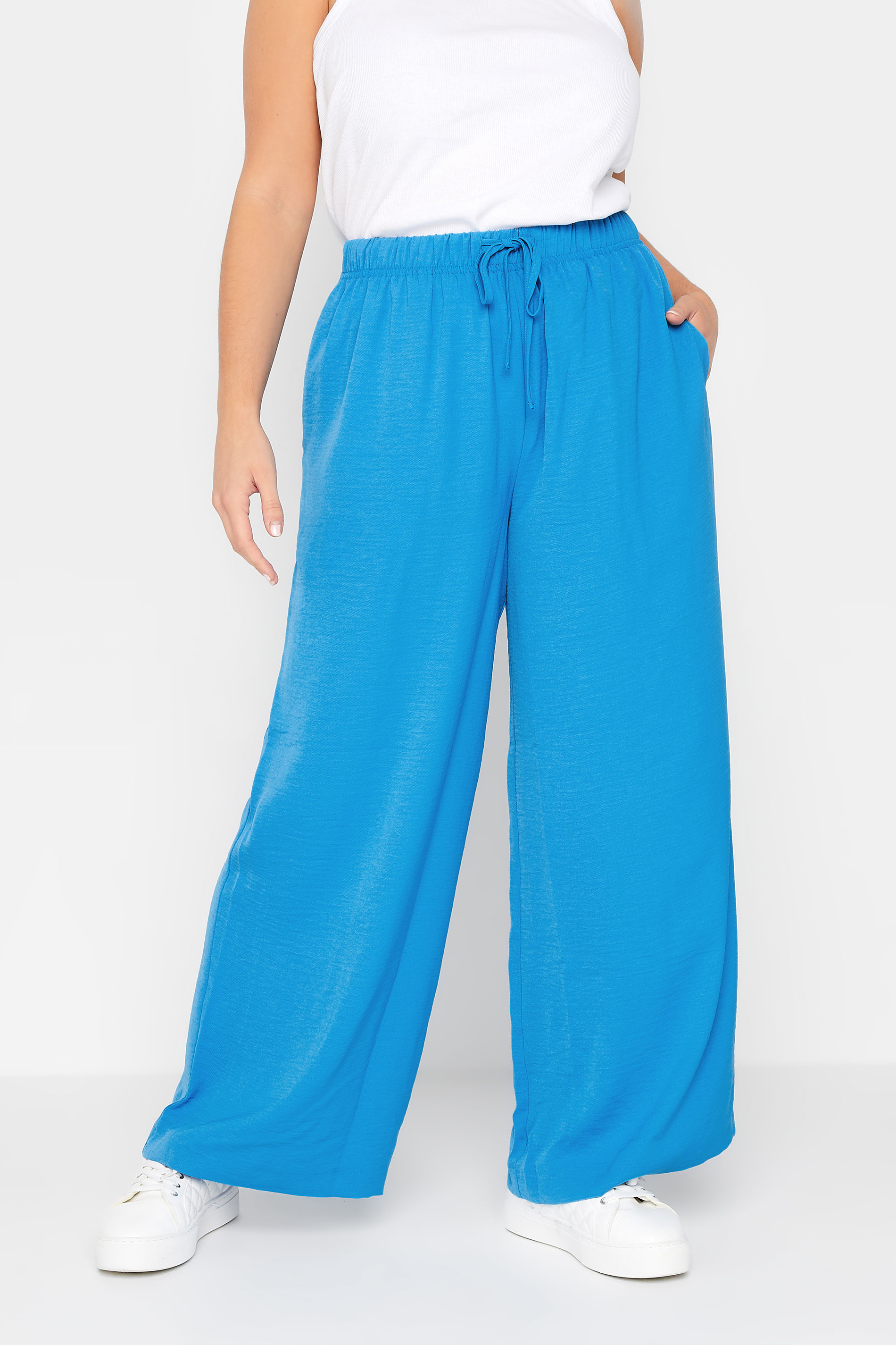 YOURS Plus Size Blue Washed Twill Wide Leg Trousers | Yours Clothing 1