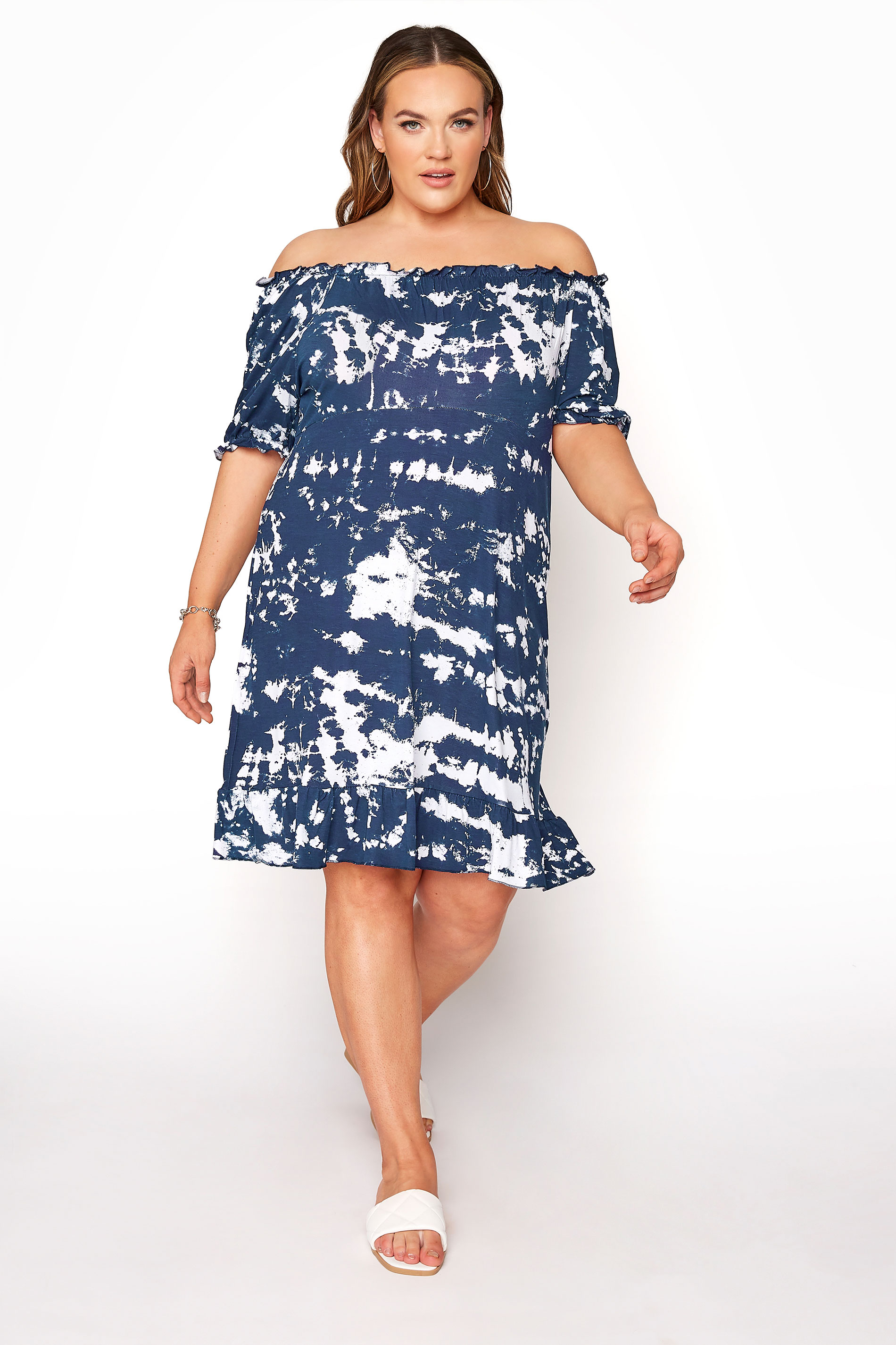 LIMITED COLLECTION Navy Tie Dye Bardot Midi Dress | Yours Clothing