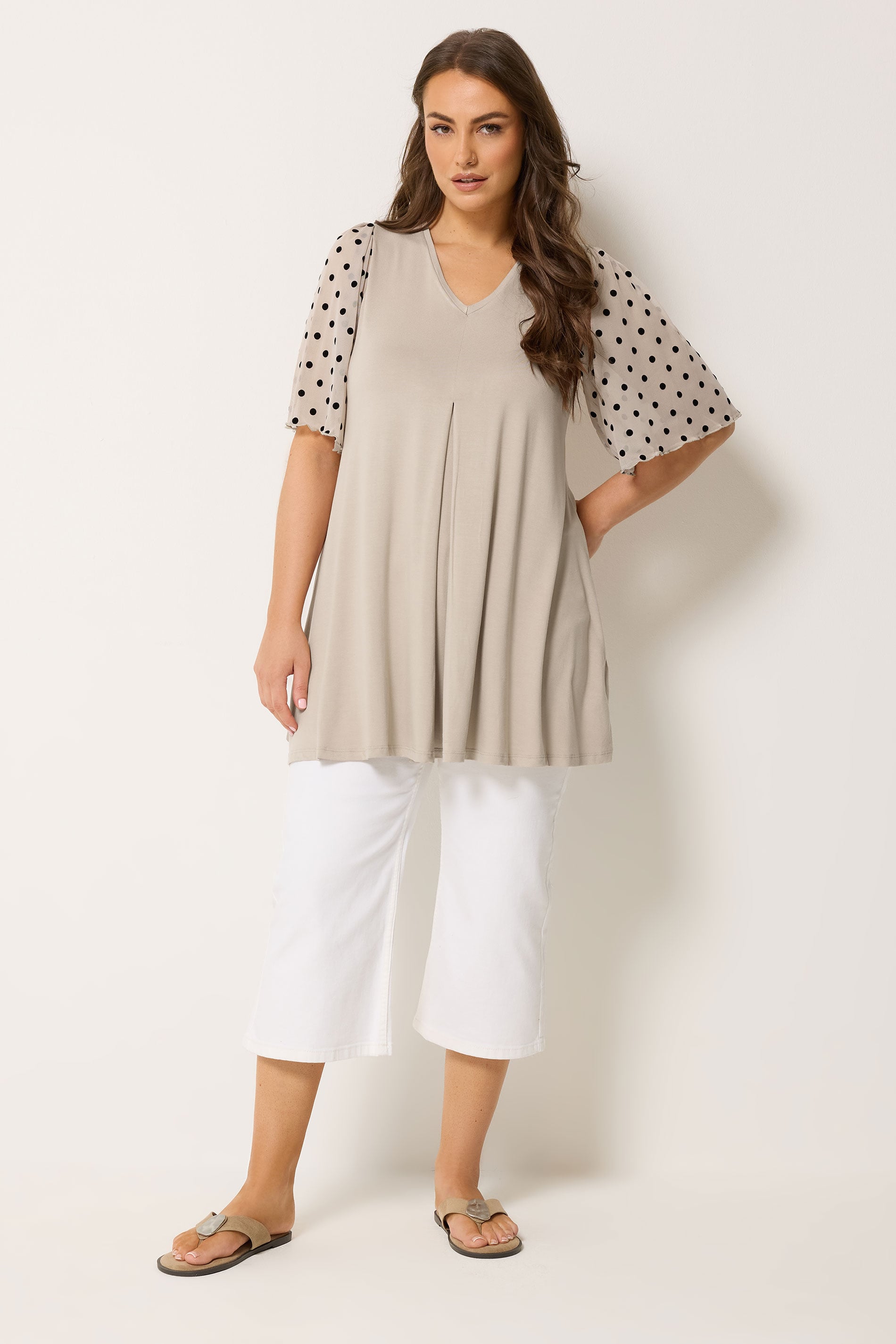 YOURS Plus Size Natural Brown Polka Dot Sleeve Top | Yours Clothing 1