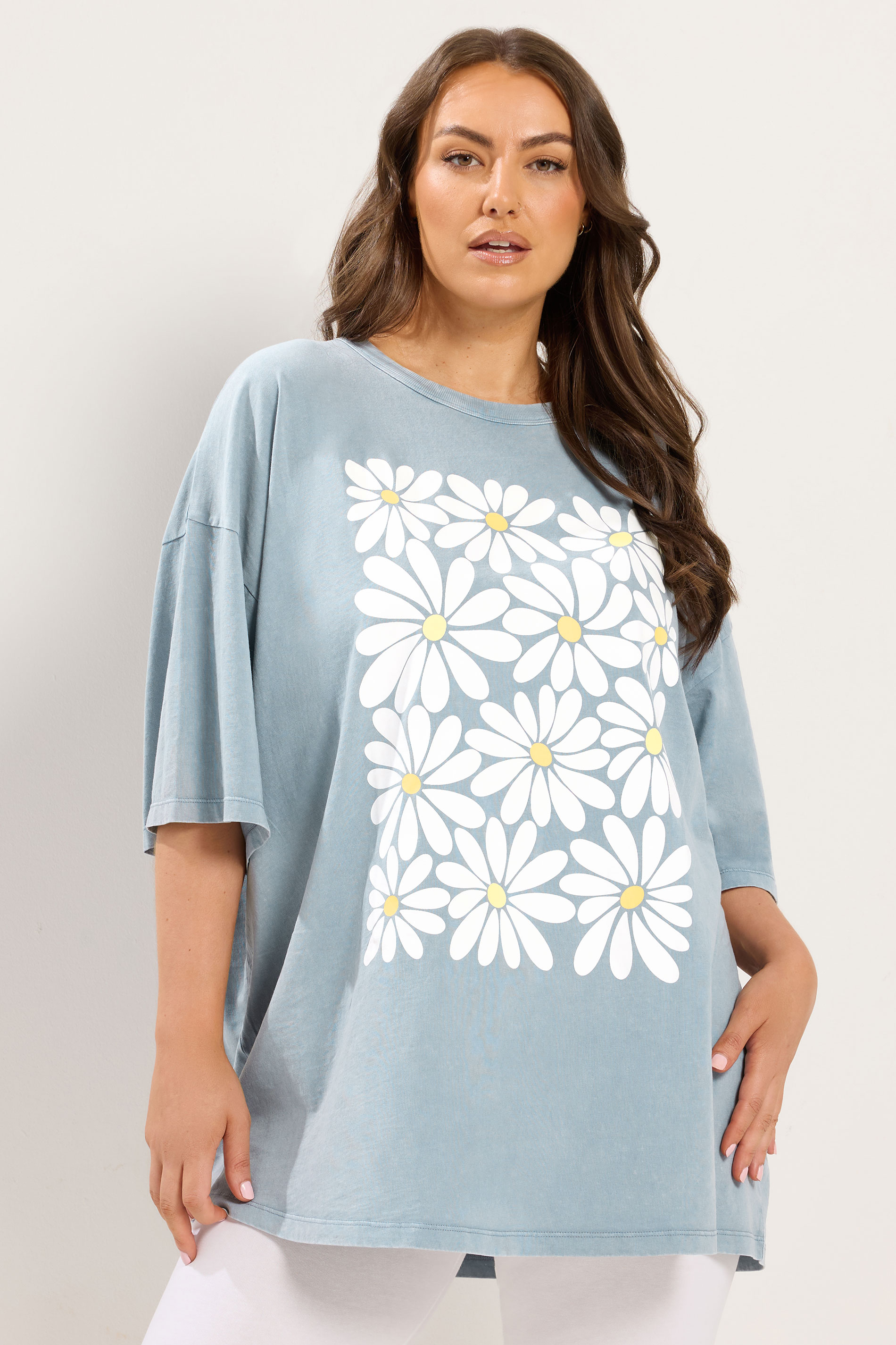 YOURS Plus Size Light Blue Acid Wash Boxy Daisy Print T-Shirt | Yours Clothing 1