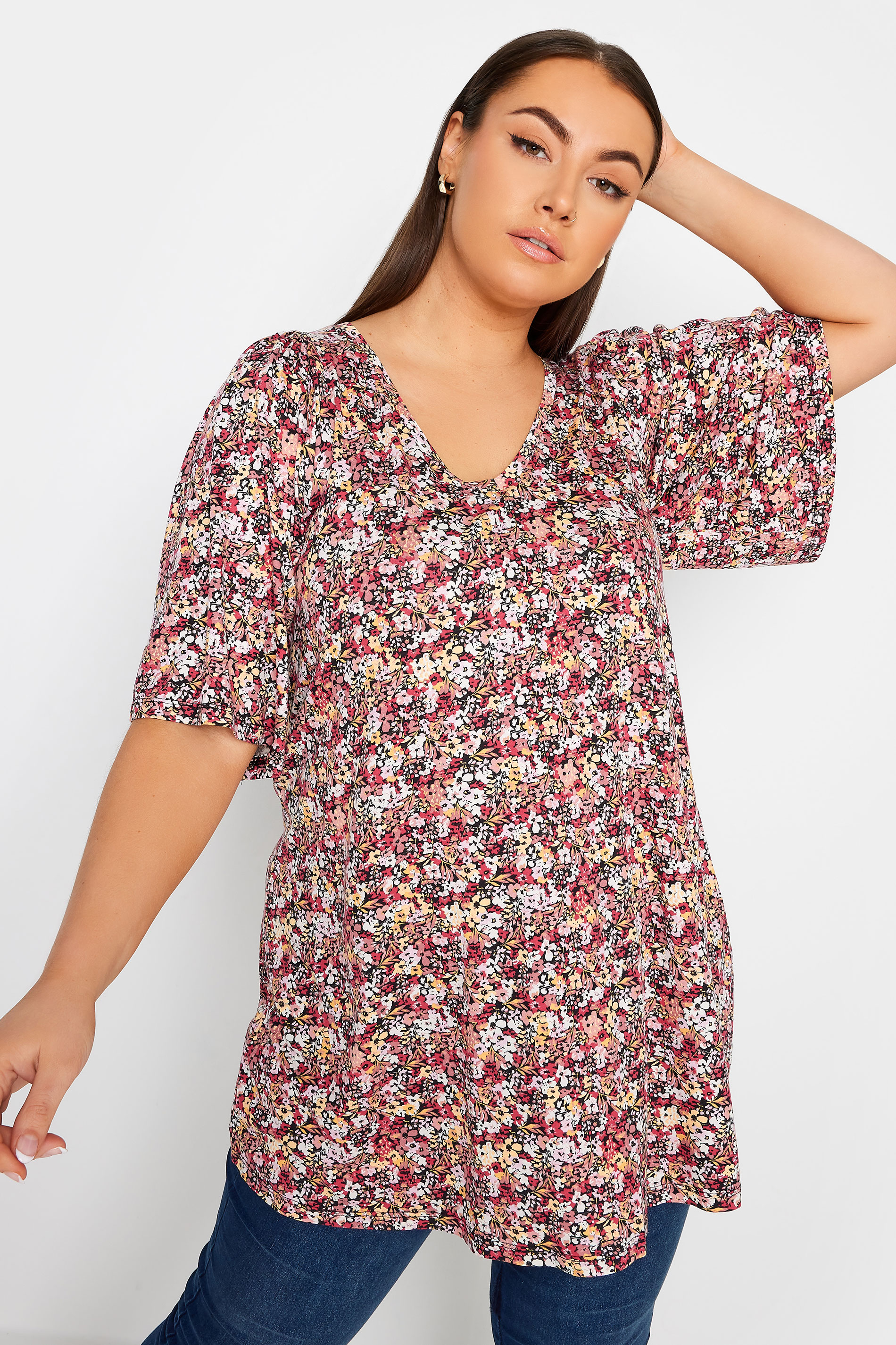 YOURS Plus Size Red & Pink Floral Print Angel Sleeve Top | Yours Clothing 1