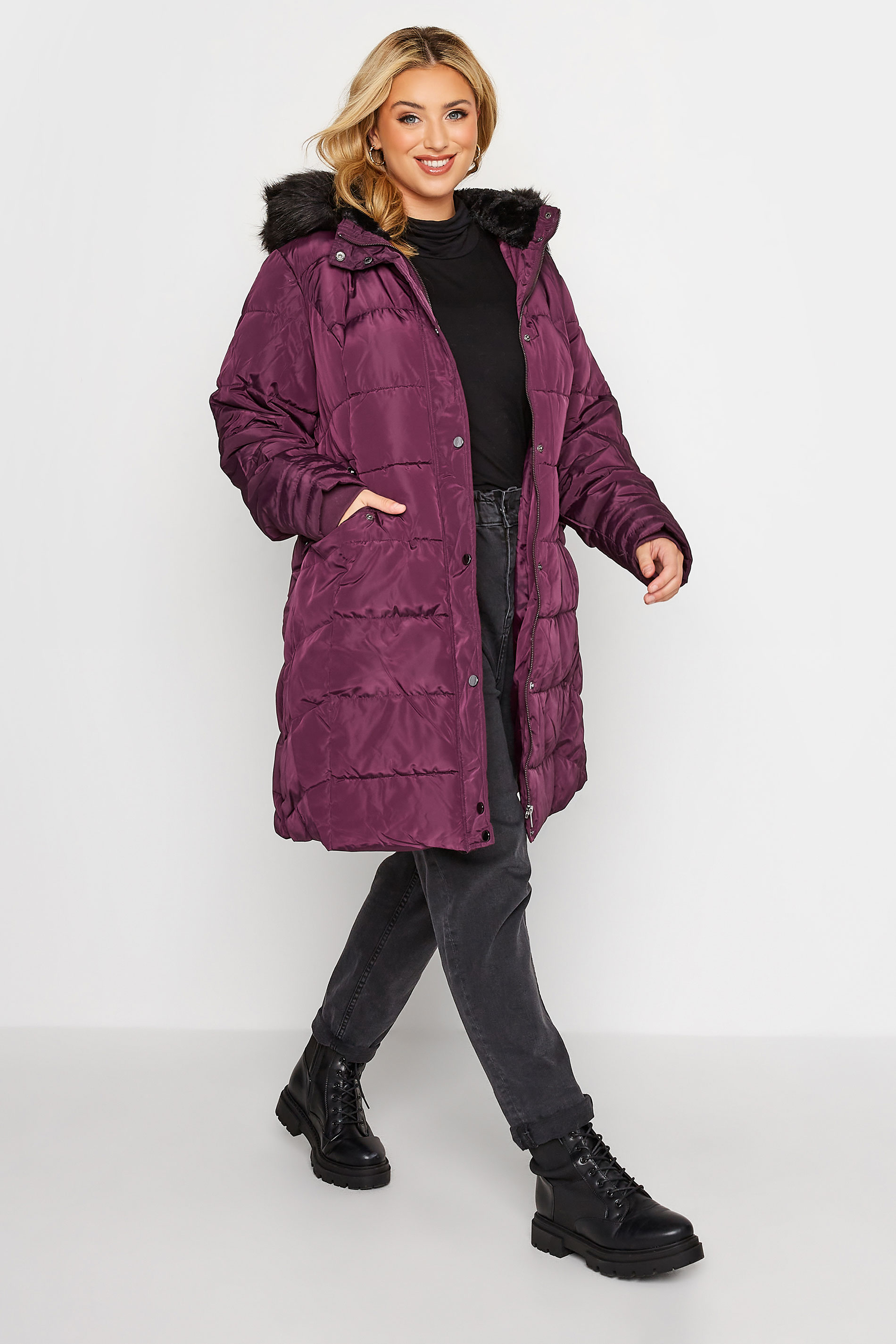 Plus Size Purple Panelled Puffer Midi Coat | Yours Clothing 3
