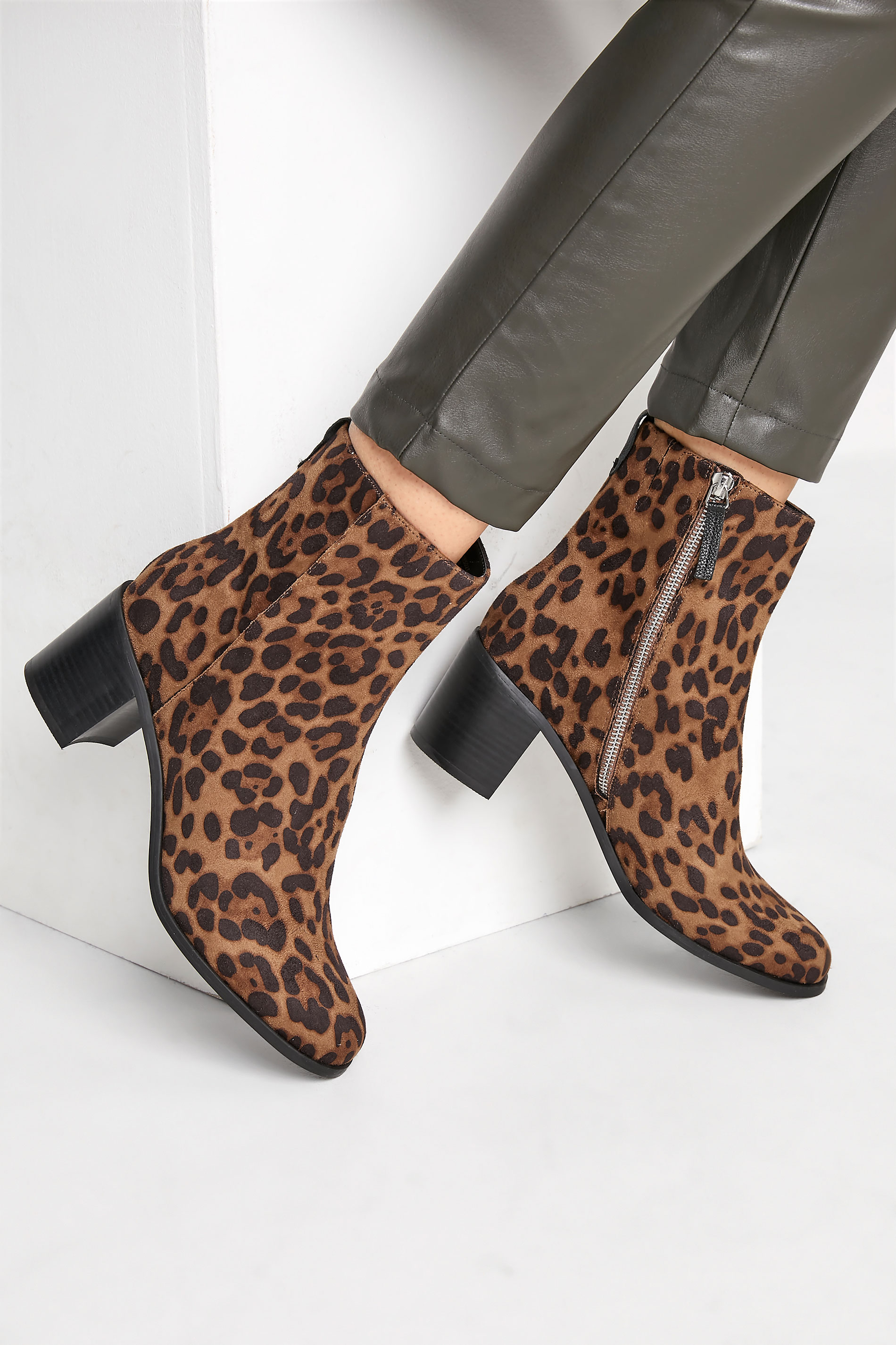 LTS Brown Leopard Print Block Heel Ankle Boots In Standard D Fit 1