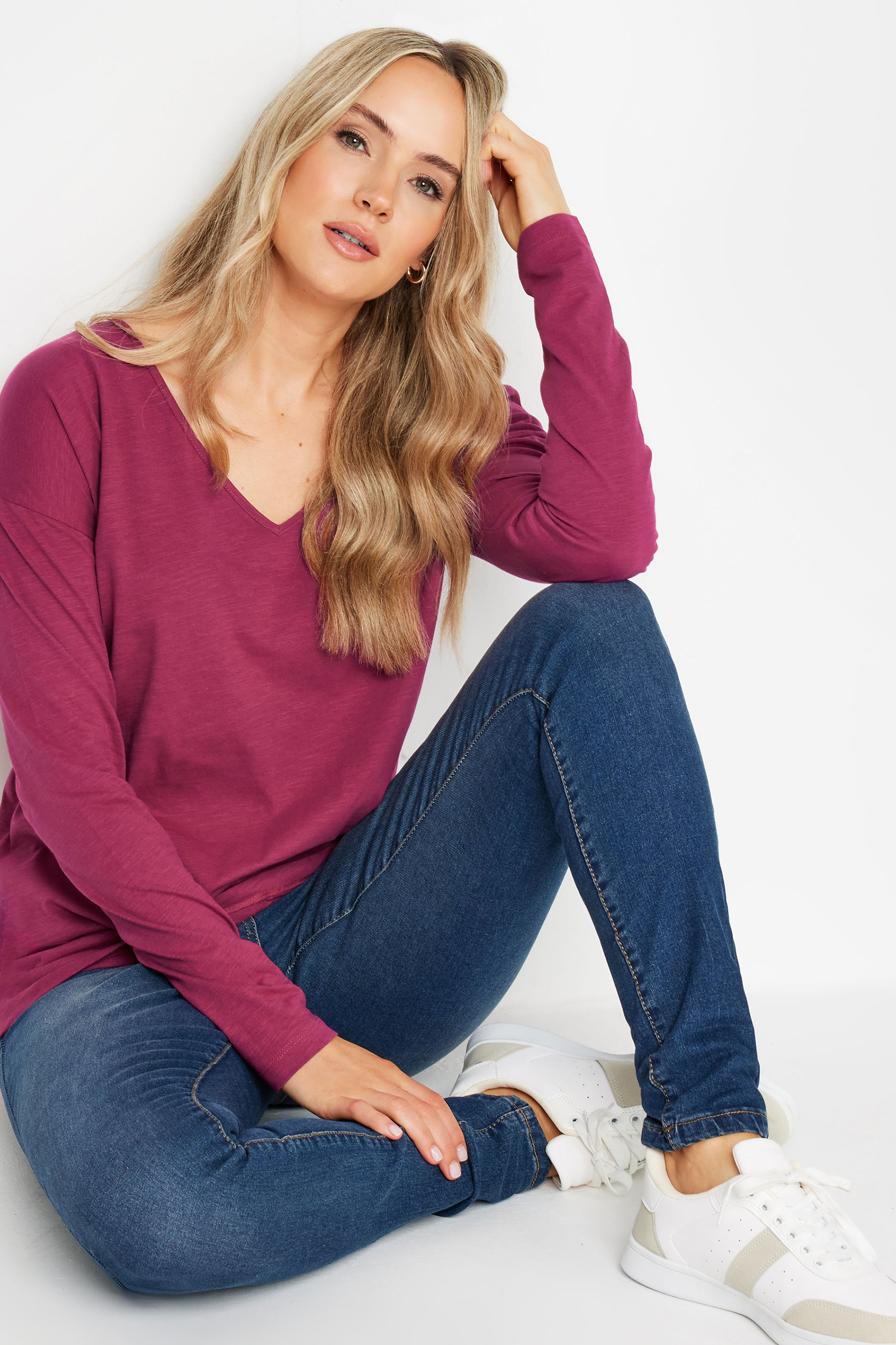 LTS Tall Women's 2 Pack Pink & Blue V-Neck Long Sleeve Cotton T-Shirts | Long Tall Sally 1