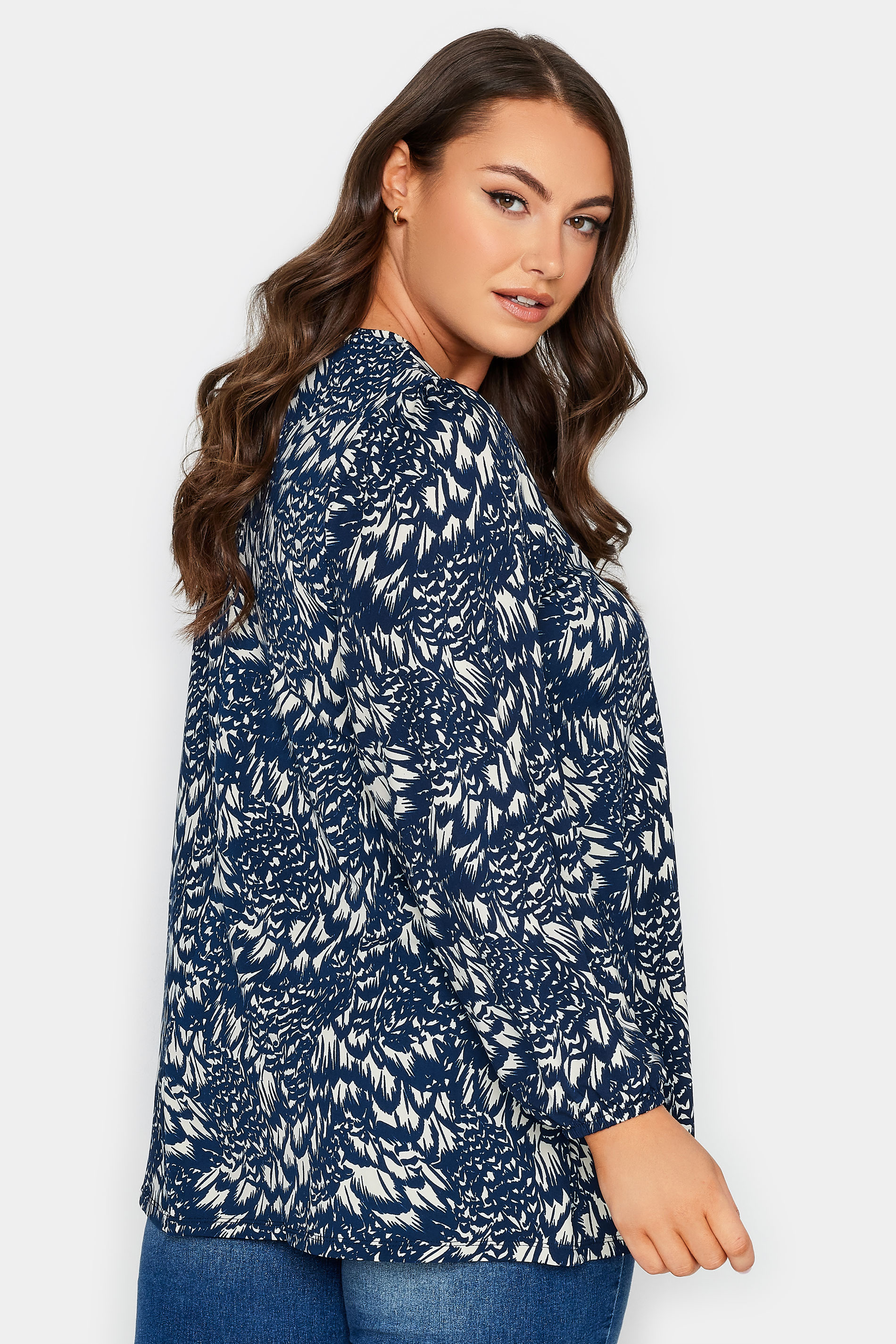 YOURS Plus Size Navy Blue Floral Print Balloon Sleeve Top | Yours Clothing 3