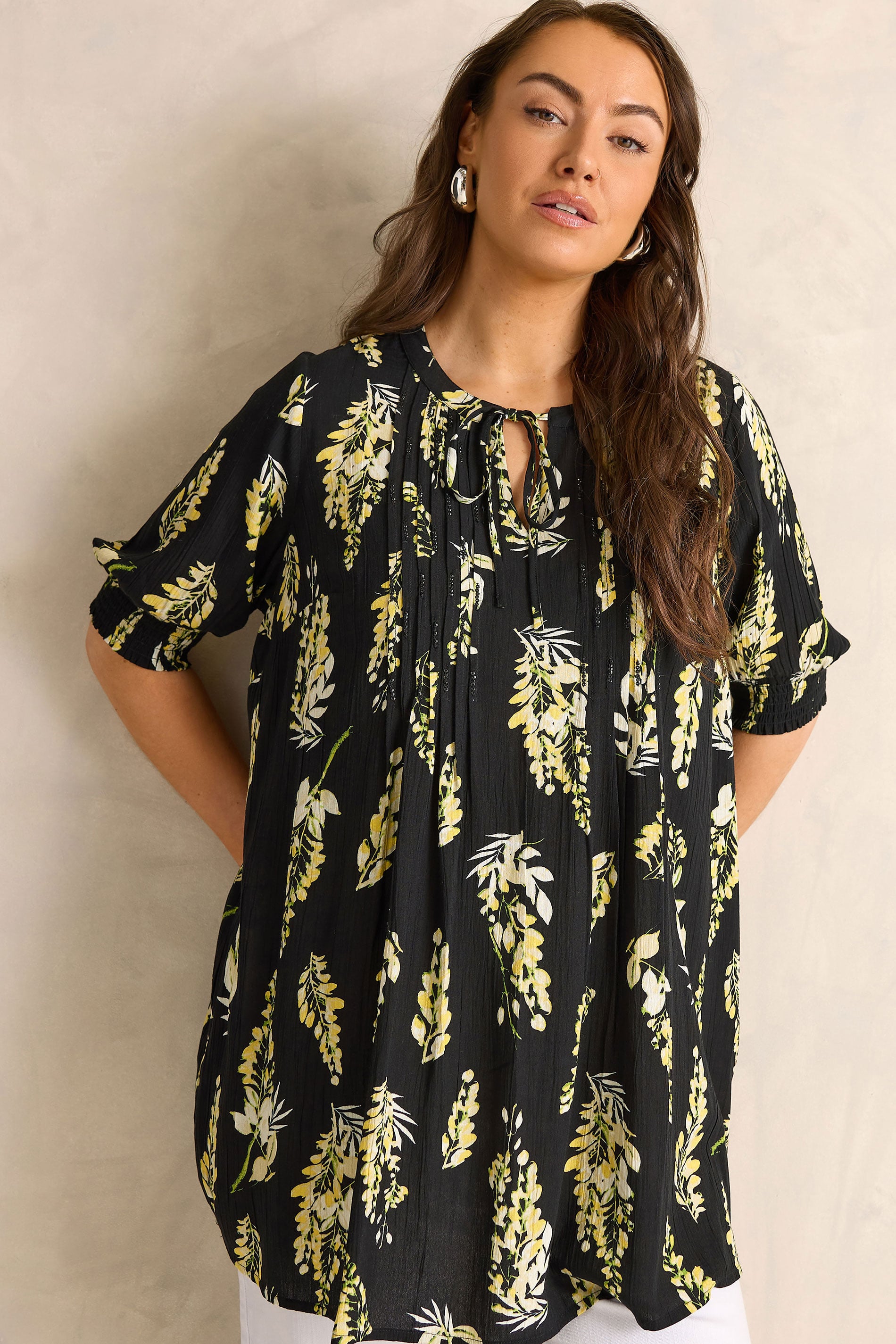 EVANS Plus Size Black Floral Print Pintuck Tie Neck Blouse | Evans 3