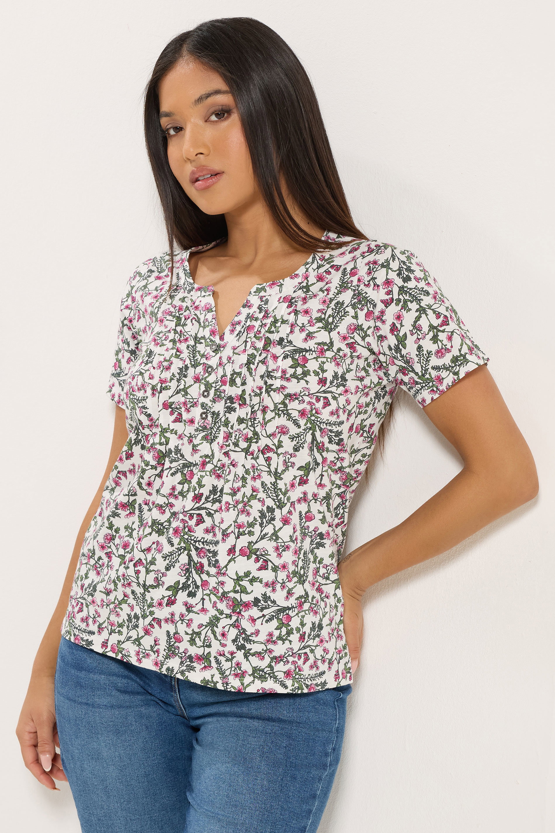 M&Co Petite White & Pink Floral Short Sleeve Cotton Henley Top | M&Co 3