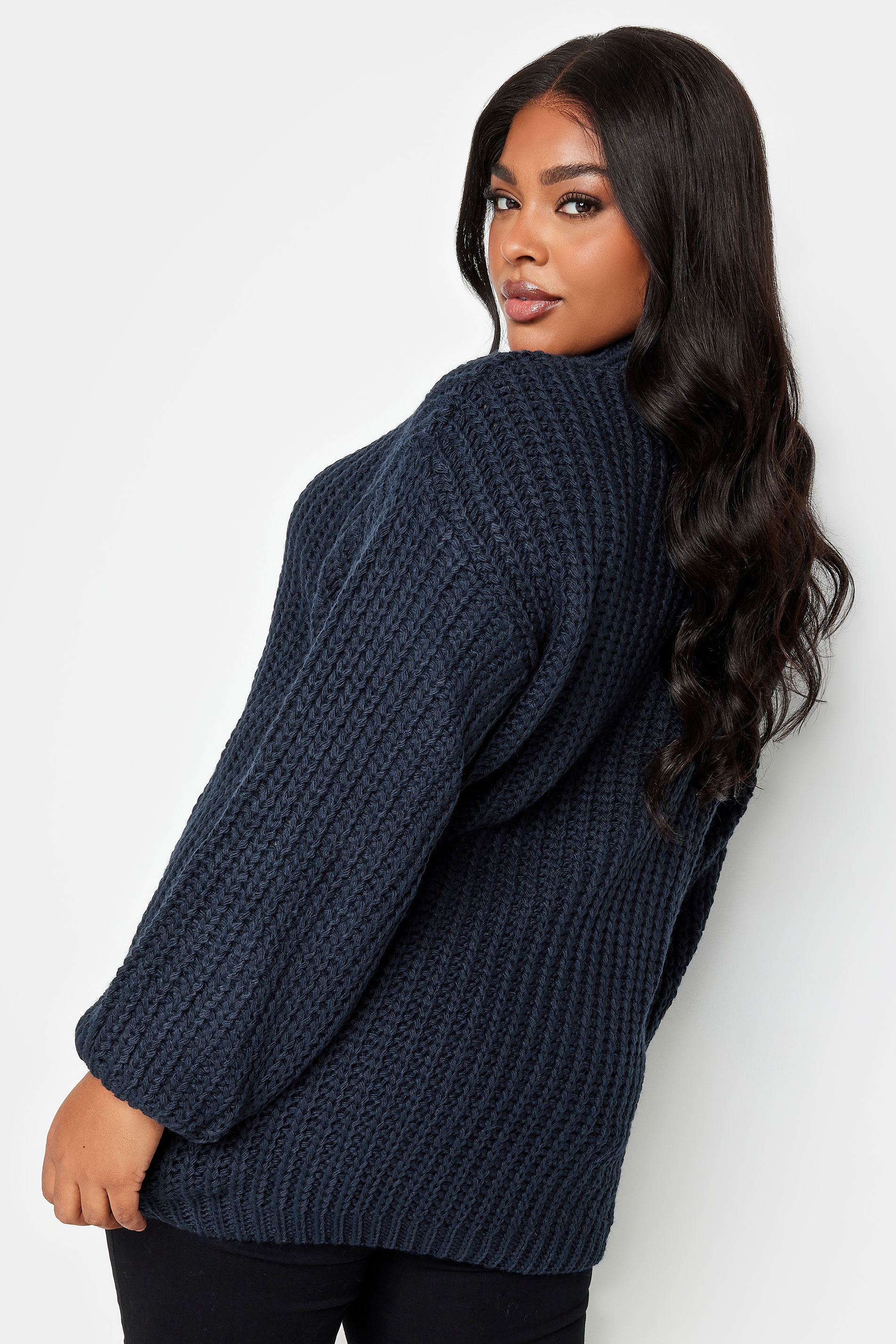 YOURS Curve Navy Blue Funnel Neck Oversized Knitted Jumper  | Yours Clothing 3