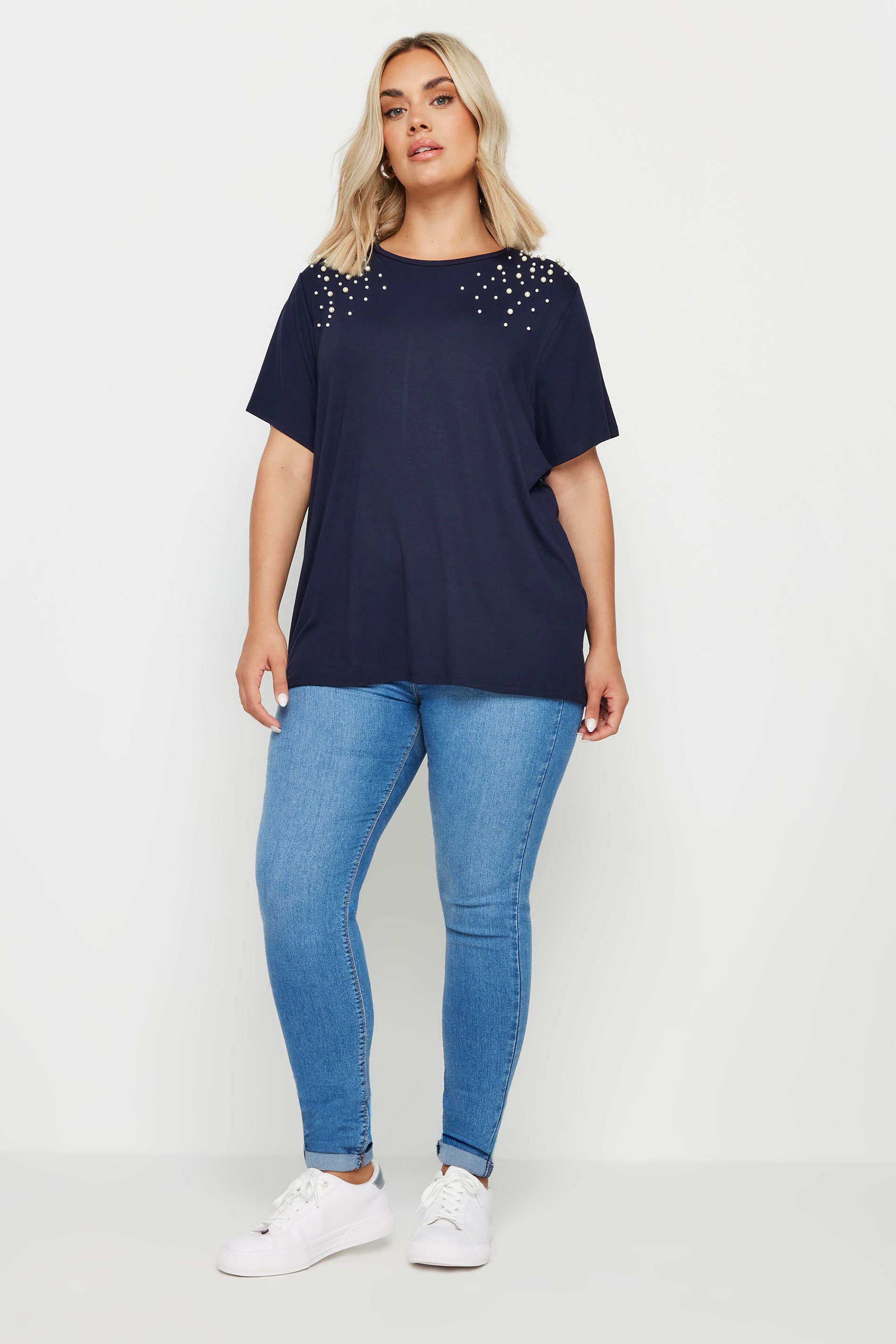 YOURS Plus Size Navy Blue Pearl Detail T-Shirt | Yours Clothing