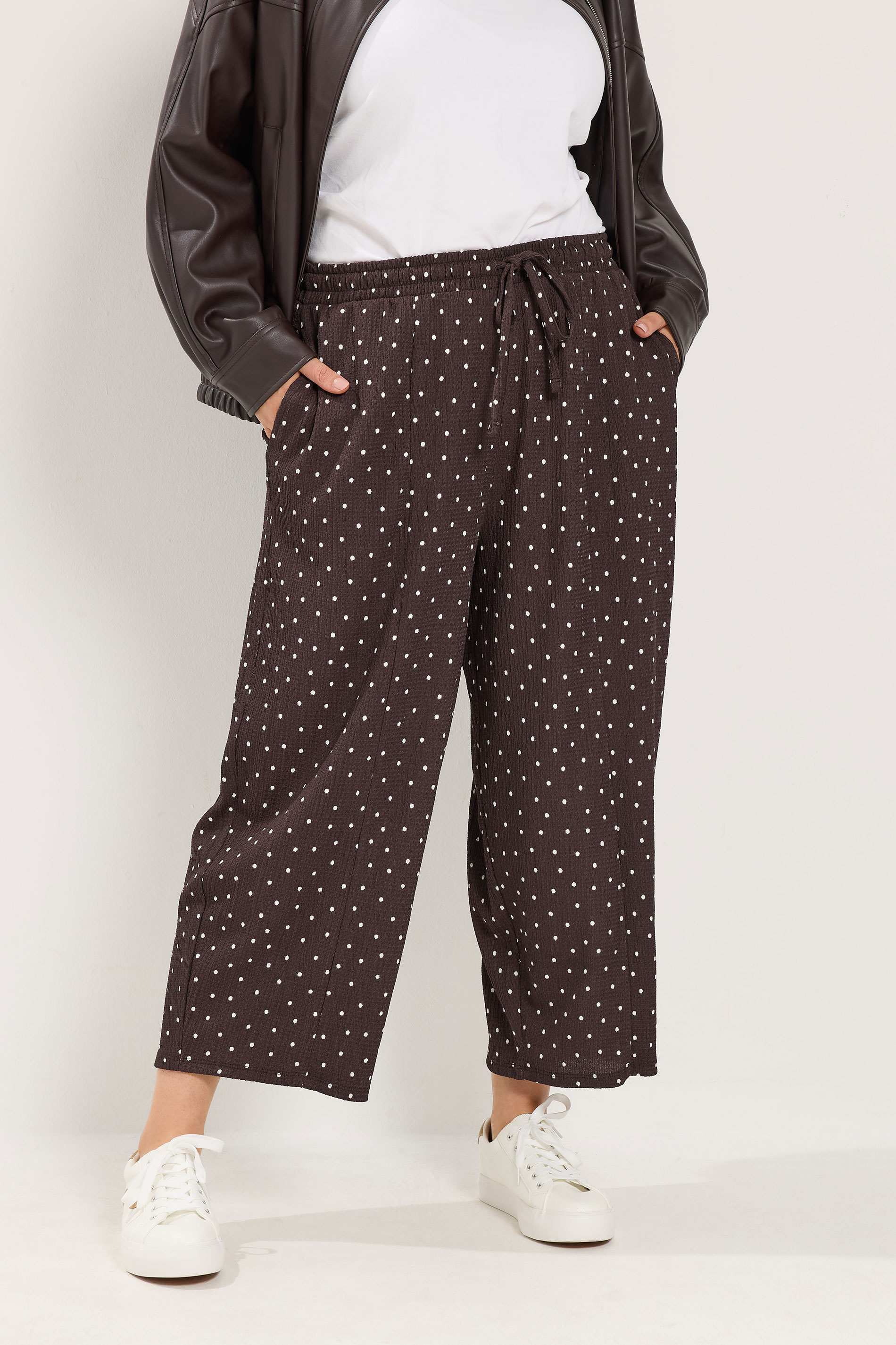 YOURS Plus Size Chocolate Brown Polka Dot Barrel Trousers | Yours Clothing 1