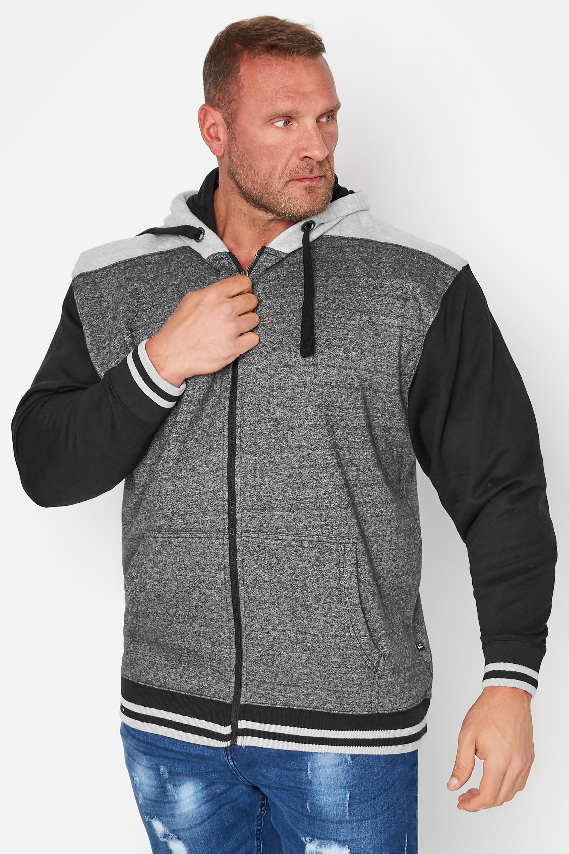 KAM Big & Tall Charcoal Grey Panel Zip Through Hoodie 1