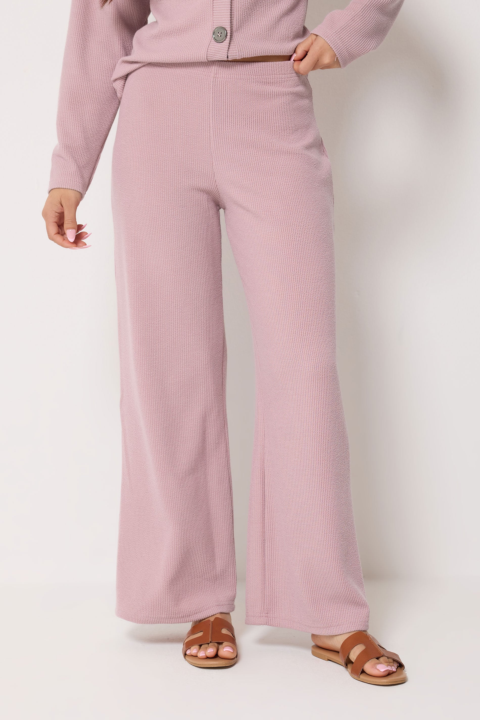 PixieGirl Petite Women's Light Pink Ribbed Wide Leg Trousers | PixieGirl 1