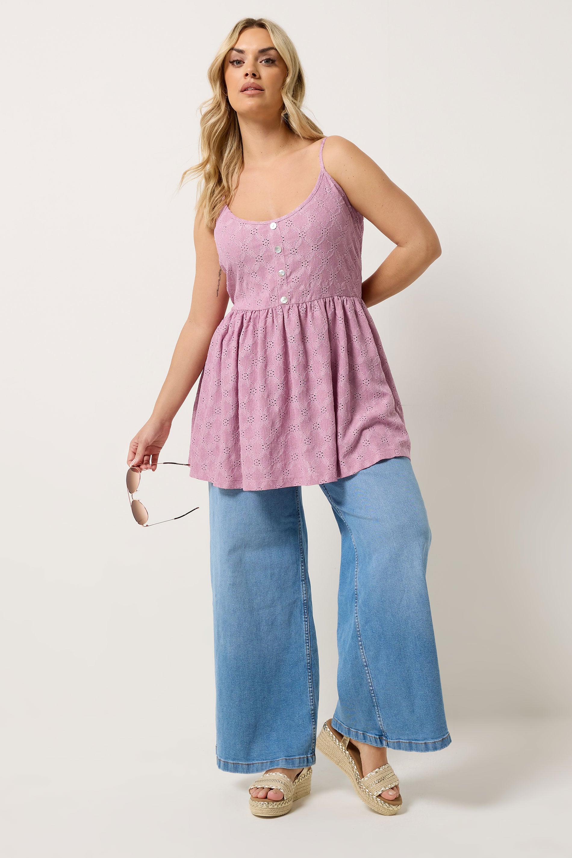 YOURS Plus Size Pink Broderie Anglaise Peplum Top | Yours Clothing 1