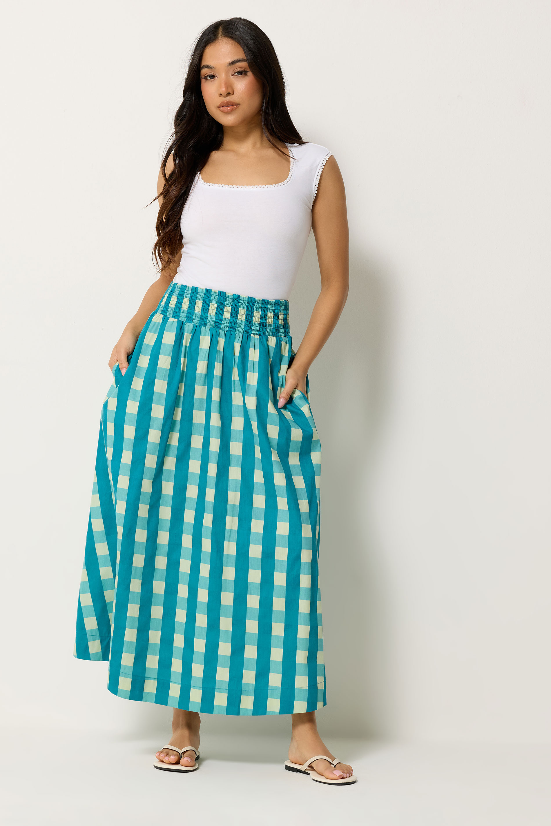 PixieGirl Petite Women's Teal Green Check Cotton Shirred Midi Skirt | PixieGirl 3