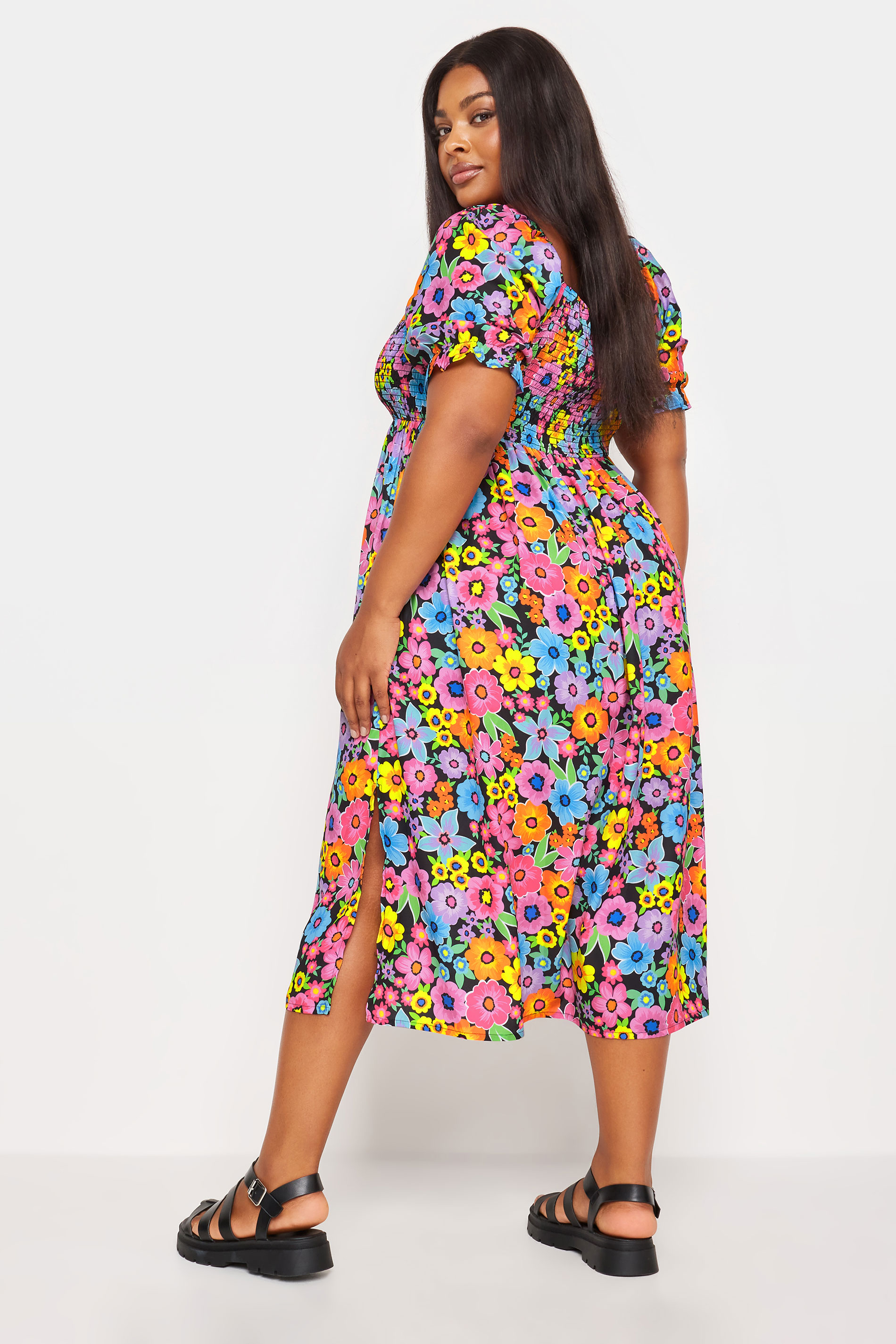 YOURS Plus Size Black Floral Print Shirred Midi Dress | Yours Clothing 3